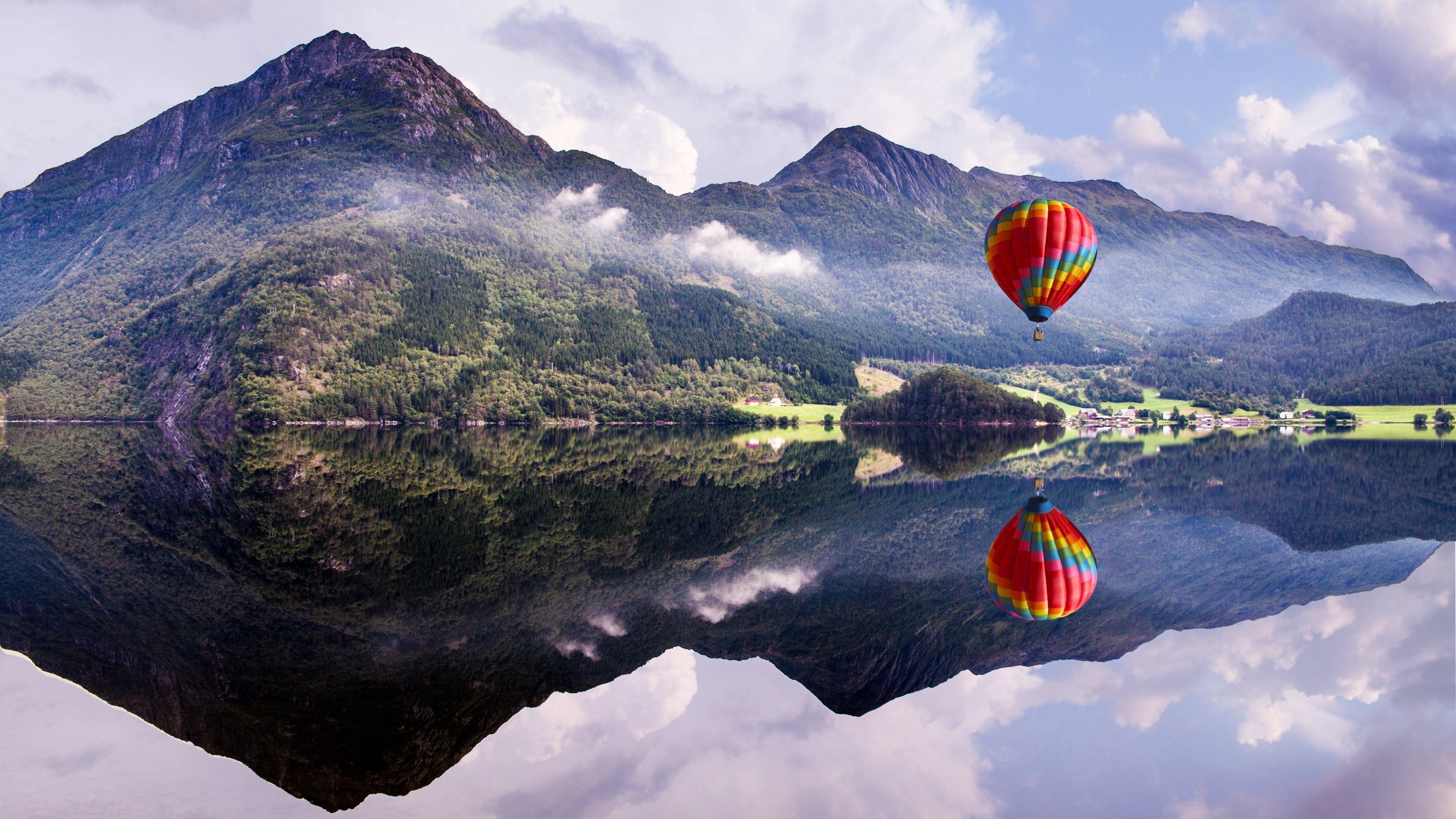 Download mobile wallpaper Reflection, Balloon, Nature, Mountains, Lake for free.