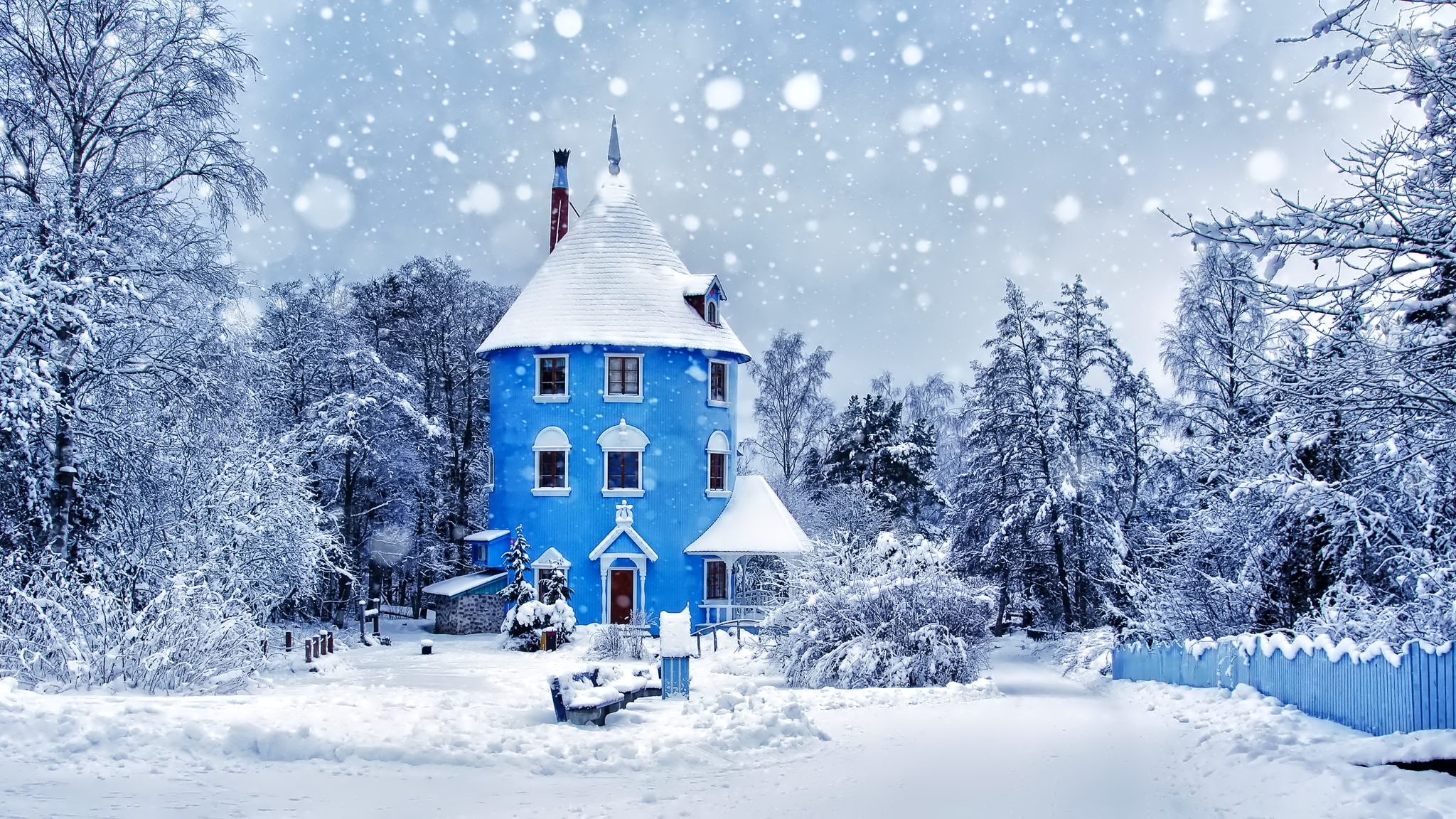 moomin world, finland, moominhouse, snowfall, man made, house, snow, theme park, winter Smartphone Background