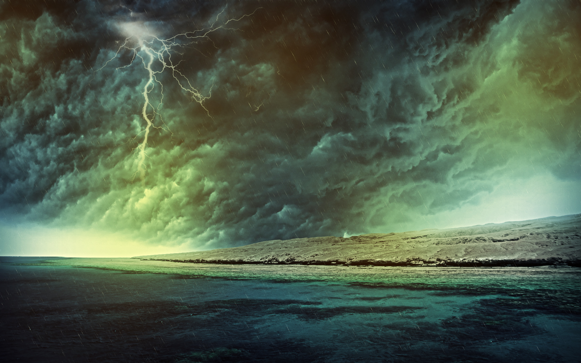 Download mobile wallpaper Storm, Sea, Beach, Ocean, Nature, Earth, Lightning, Cloud, Sky, Artistic, Rain for free.