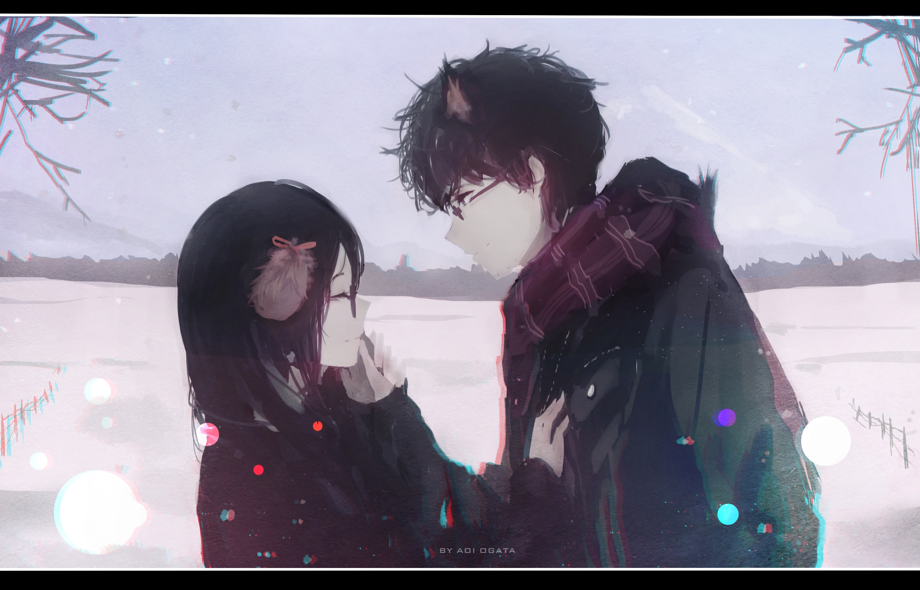 Free download wallpaper Anime, Snow, Couple, Original, Long Hair on your PC desktop