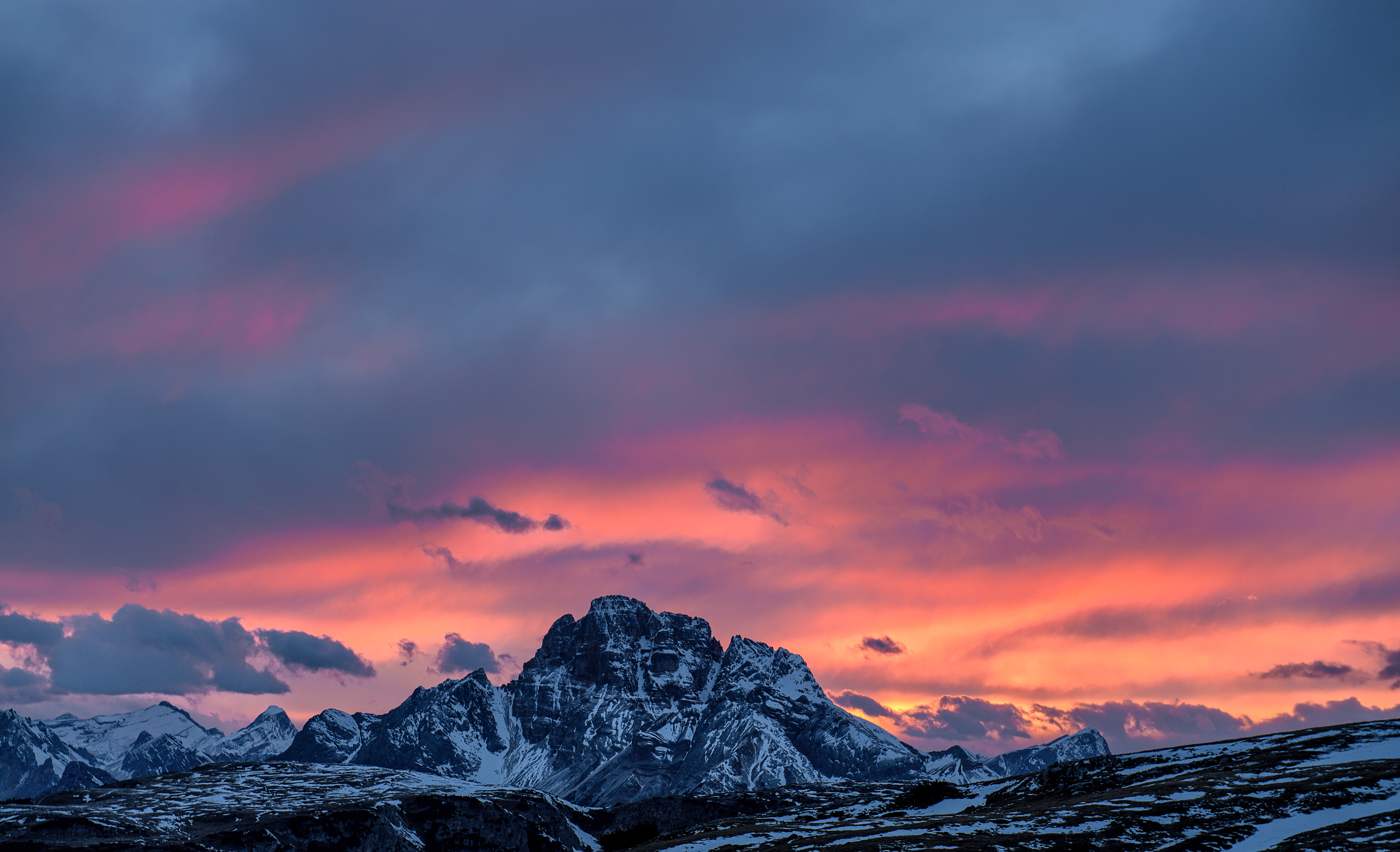 italy, nature, sunset, sky, mountains, clouds, vertex, tops, snow covered, snowbound