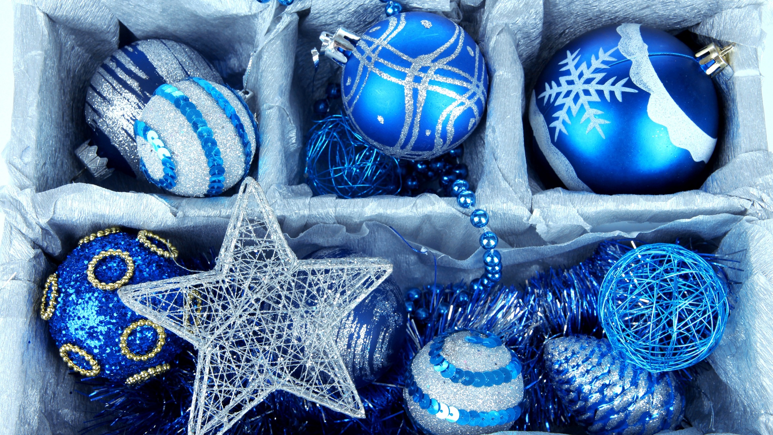 holiday, christmas, blue, christmas ornaments, silver, star 4K