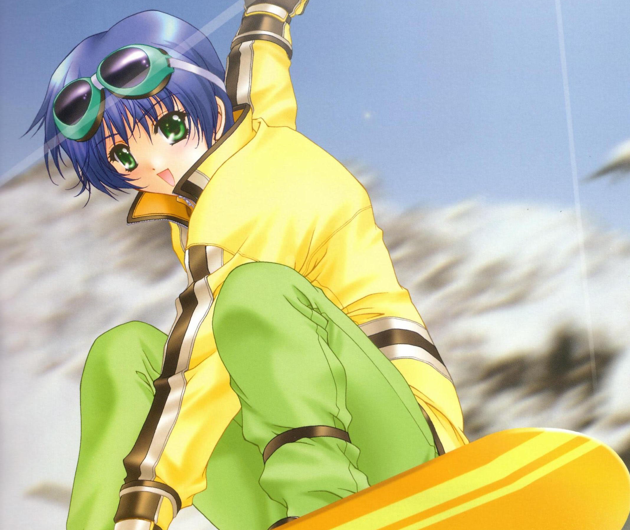 HD wallpaper anime, original, blue hair, blush, goggles, green eyes, short hair, smile, snowboard