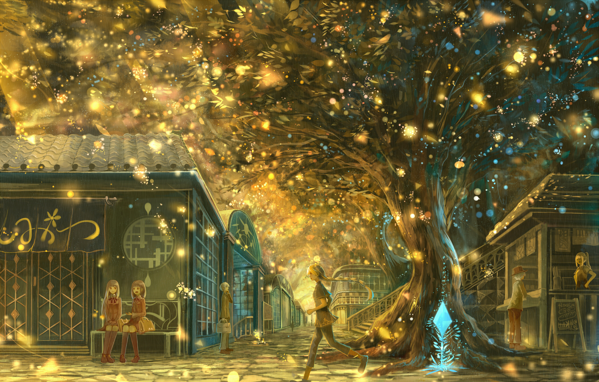 people, magic, light, anime, city, landscape, night, tree