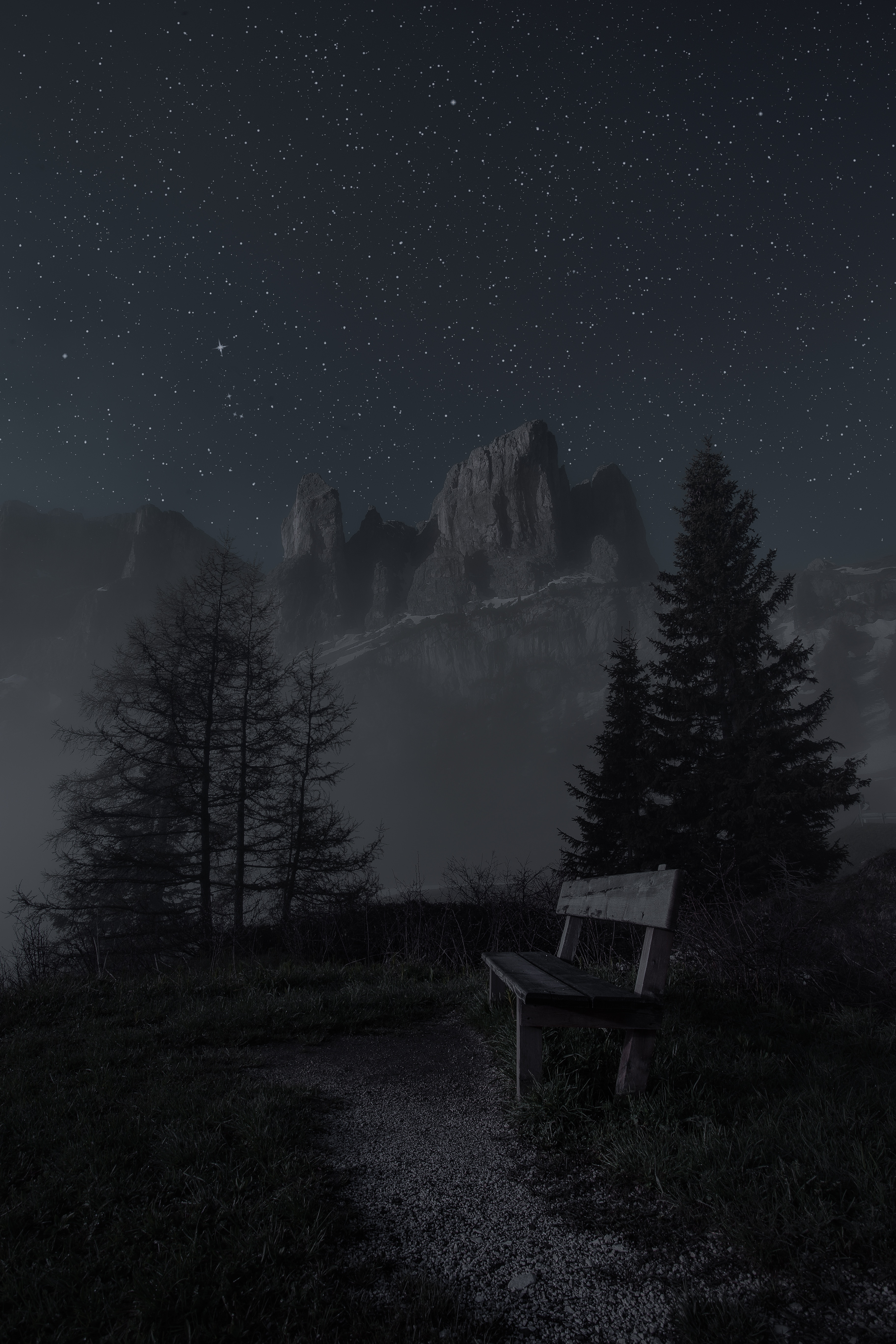 overview, landscape, dark, bench, trees, mountains, night, starry sky, review HD wallpaper