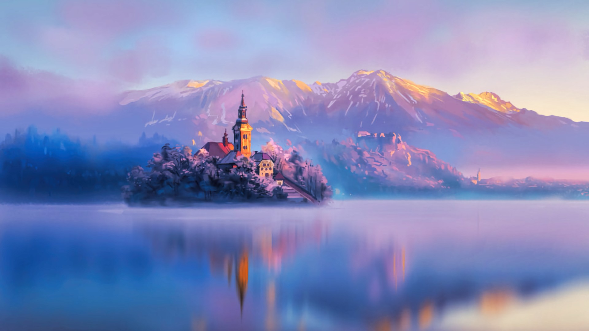 religious, assumption of mary church, cloud, fog, lake, mountain, slovenia, sunrise, winter, churches 5K