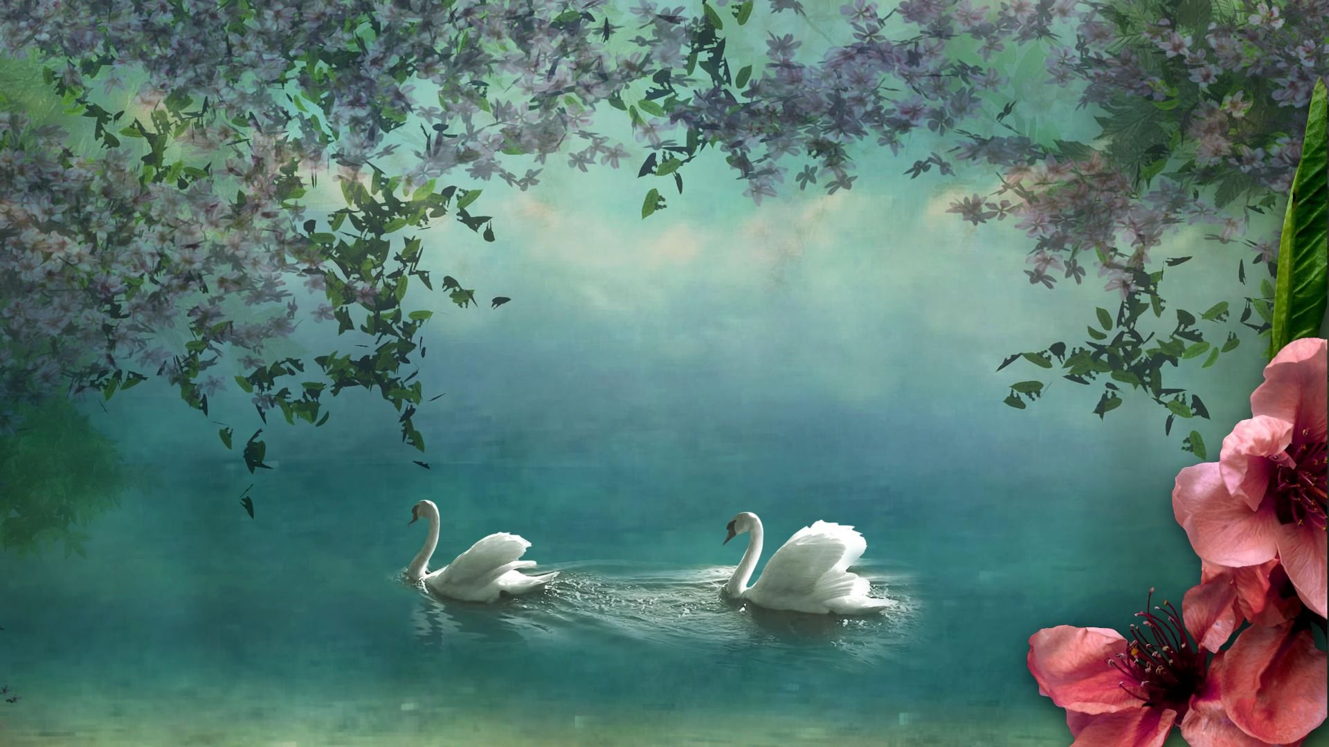 Сказочное озеро с лебедями