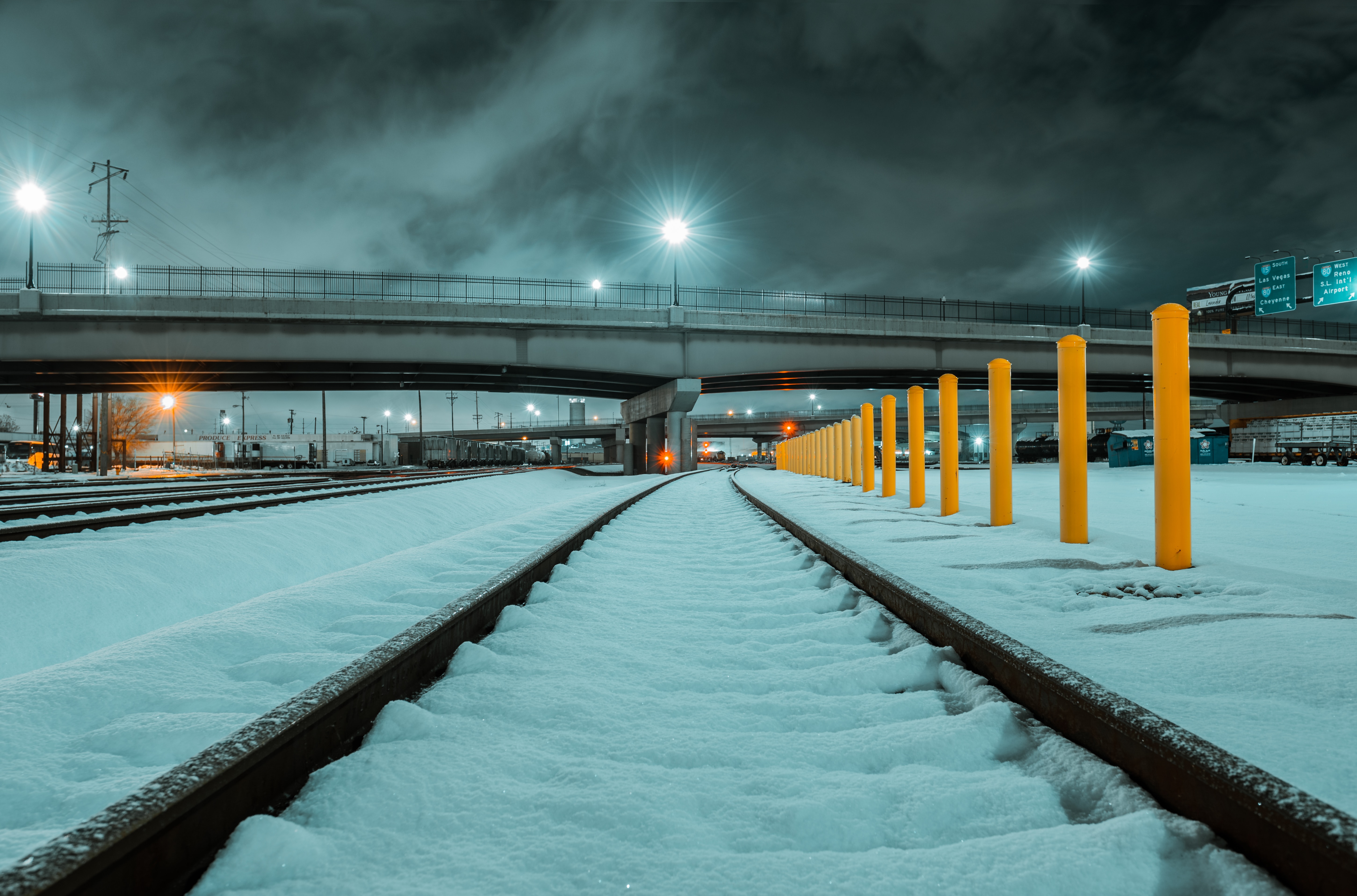 snow, winter, miscellanea, miscellaneous, bridge, railway, rails wallpaper for mobile
