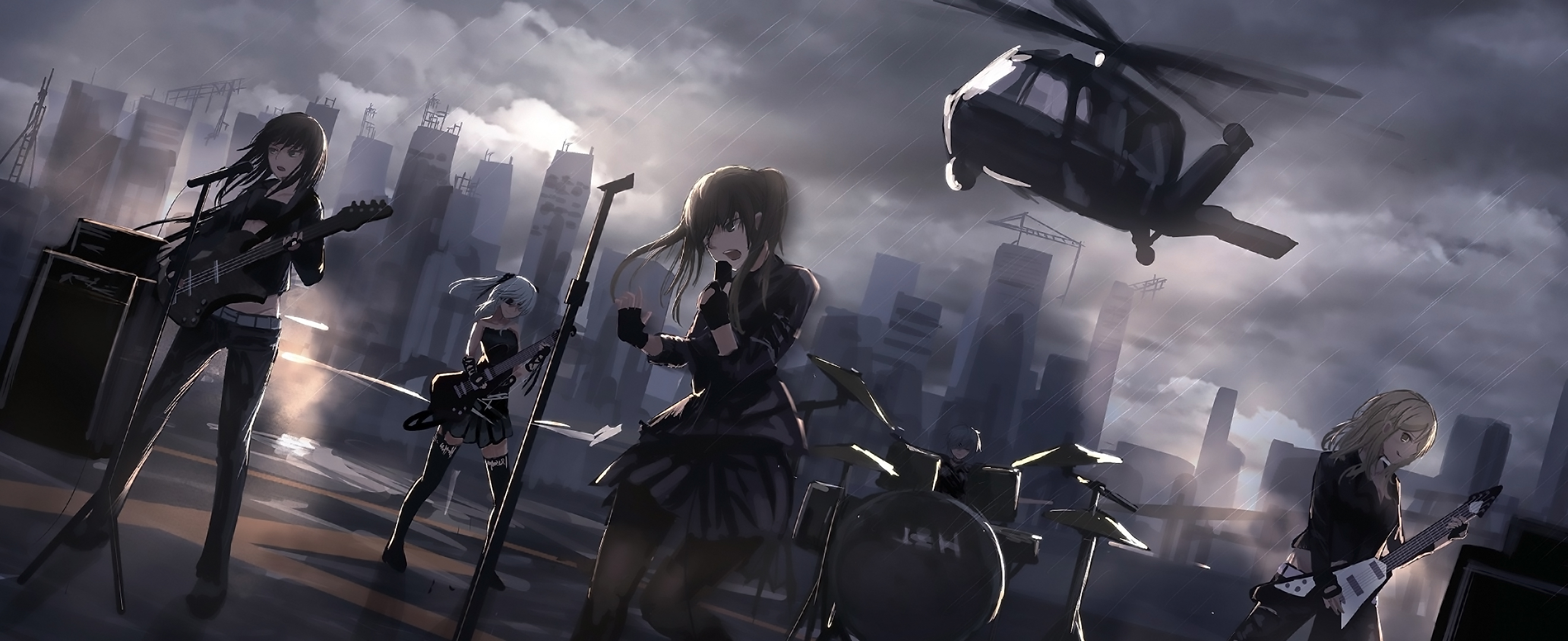 Download mobile wallpaper Anime, Building, Guitar, Band, Dress, Helicopter, Original, Long Hair, White Hair for free.