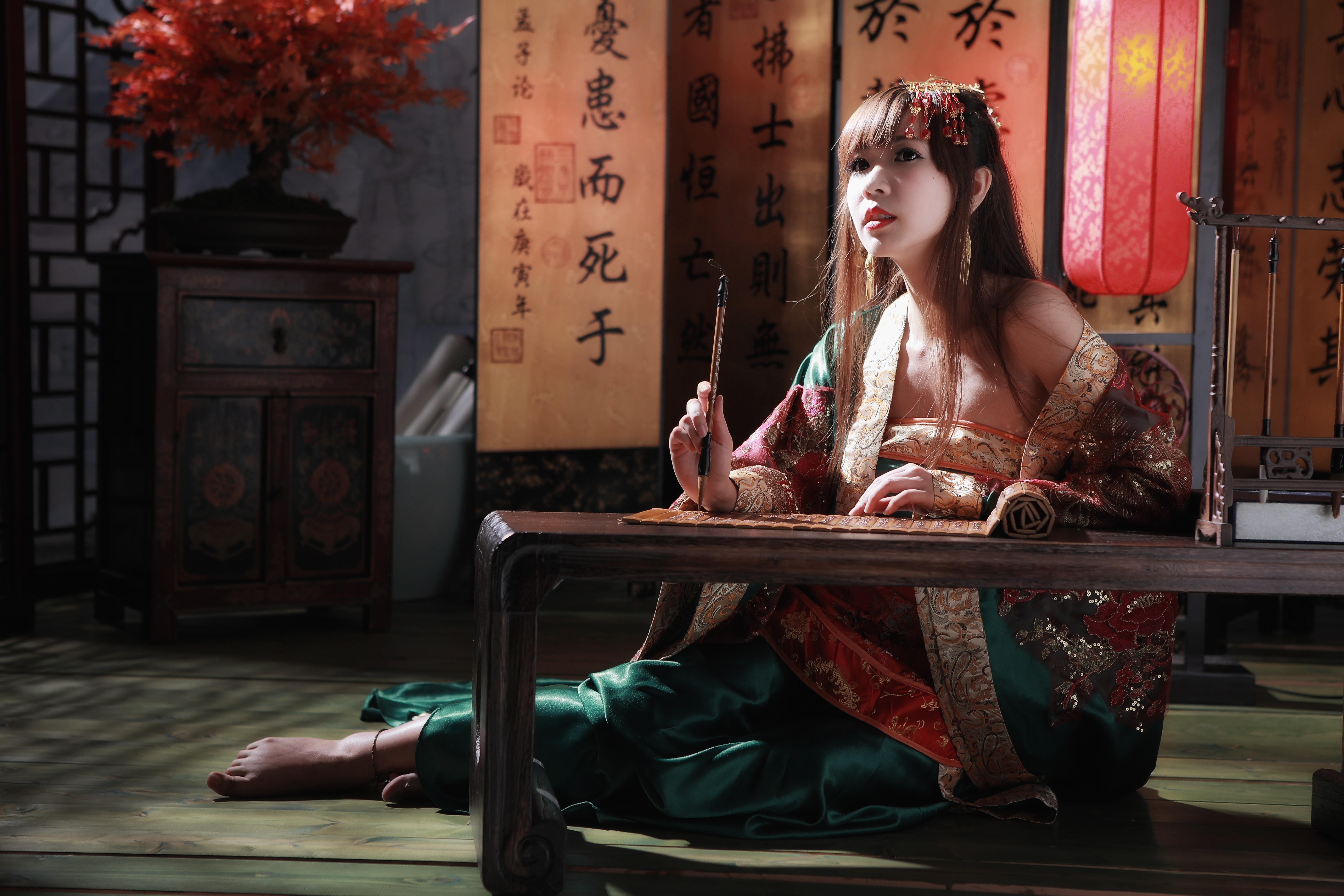 women, sà lín, asian, bonsai, calligraphy, national dress, taiwanese