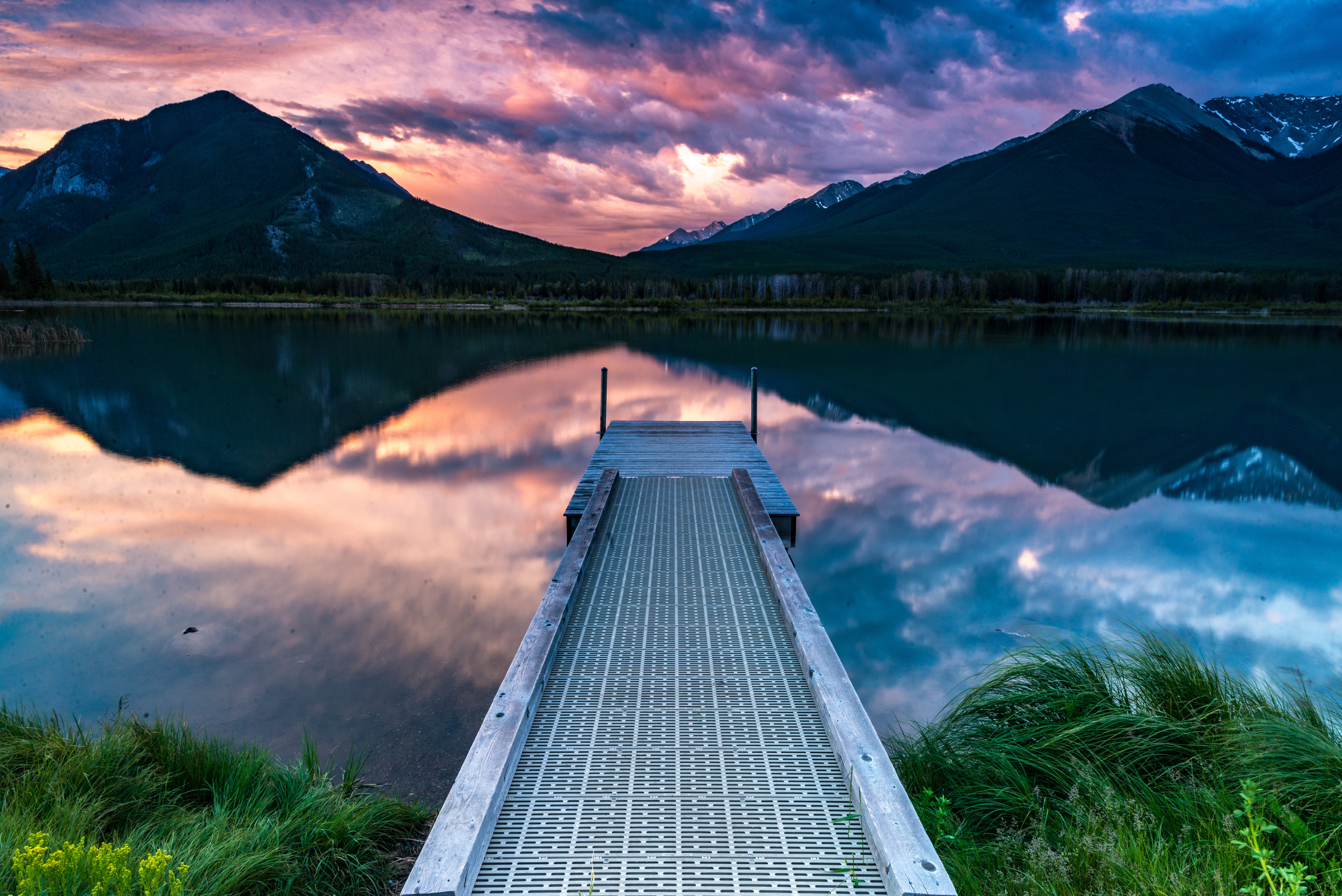 Download mobile wallpaper Pier, Bank, Shore, Mountains, Lake, Nature for free.