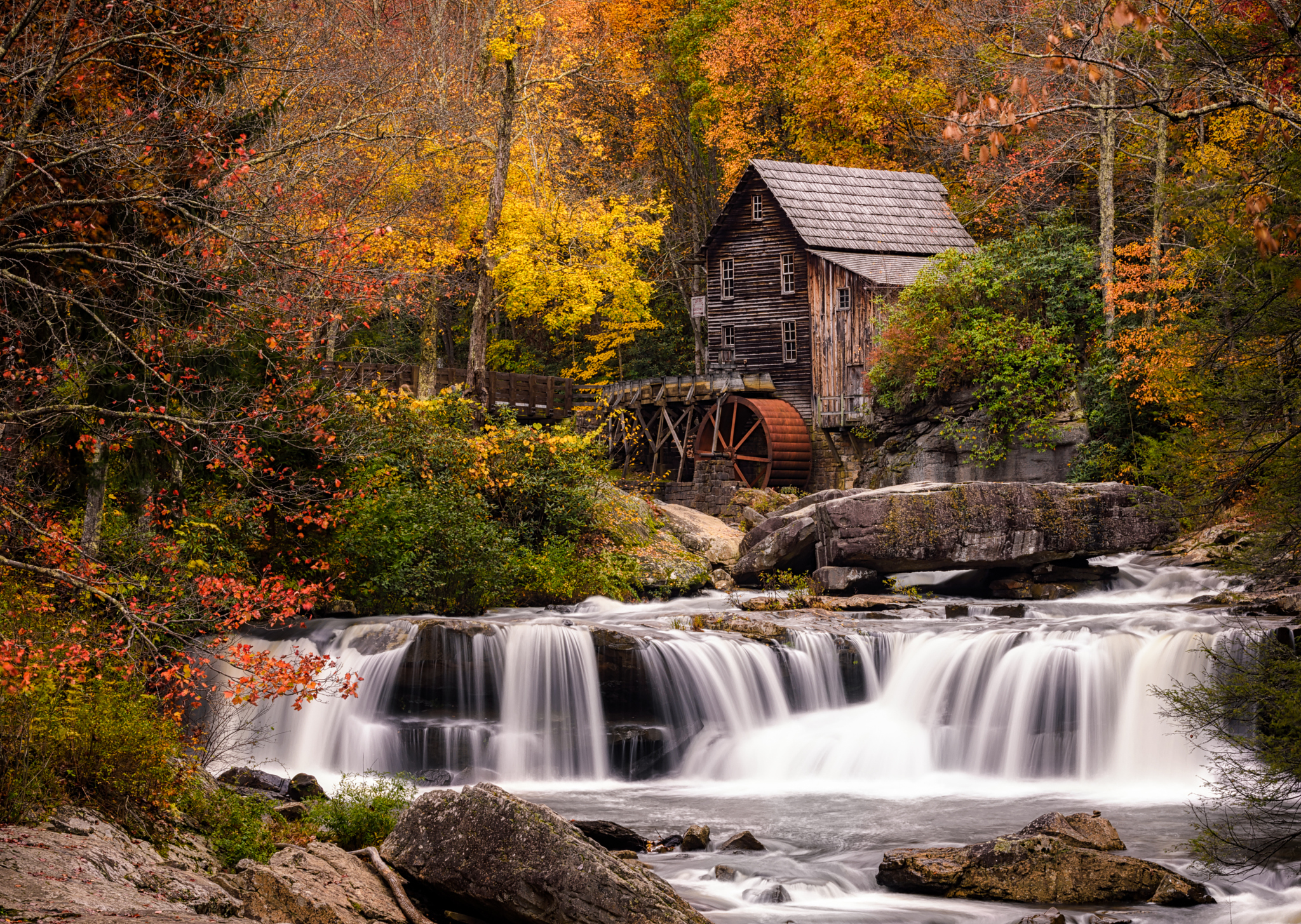 mill, man made, watermill, forest, river, waterfall