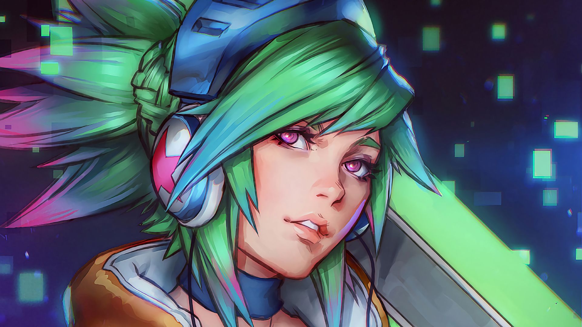 video game, league of legends, braid, collar, green hair, headphones, pink eyes, riven (league of legends), two toned hair 4K Ultra