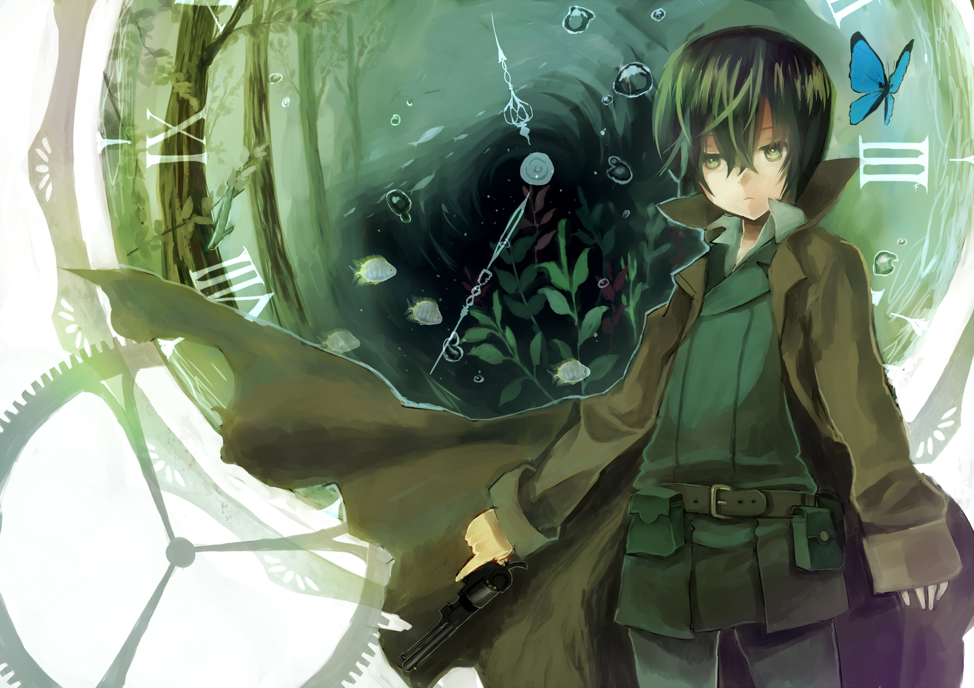 Wallpaper gun, stay, petals, strap, art, kino no tabi, a Cup of coffee,  truck for mobile and desktop, section сёнэн, resolution 1920x1440 - download