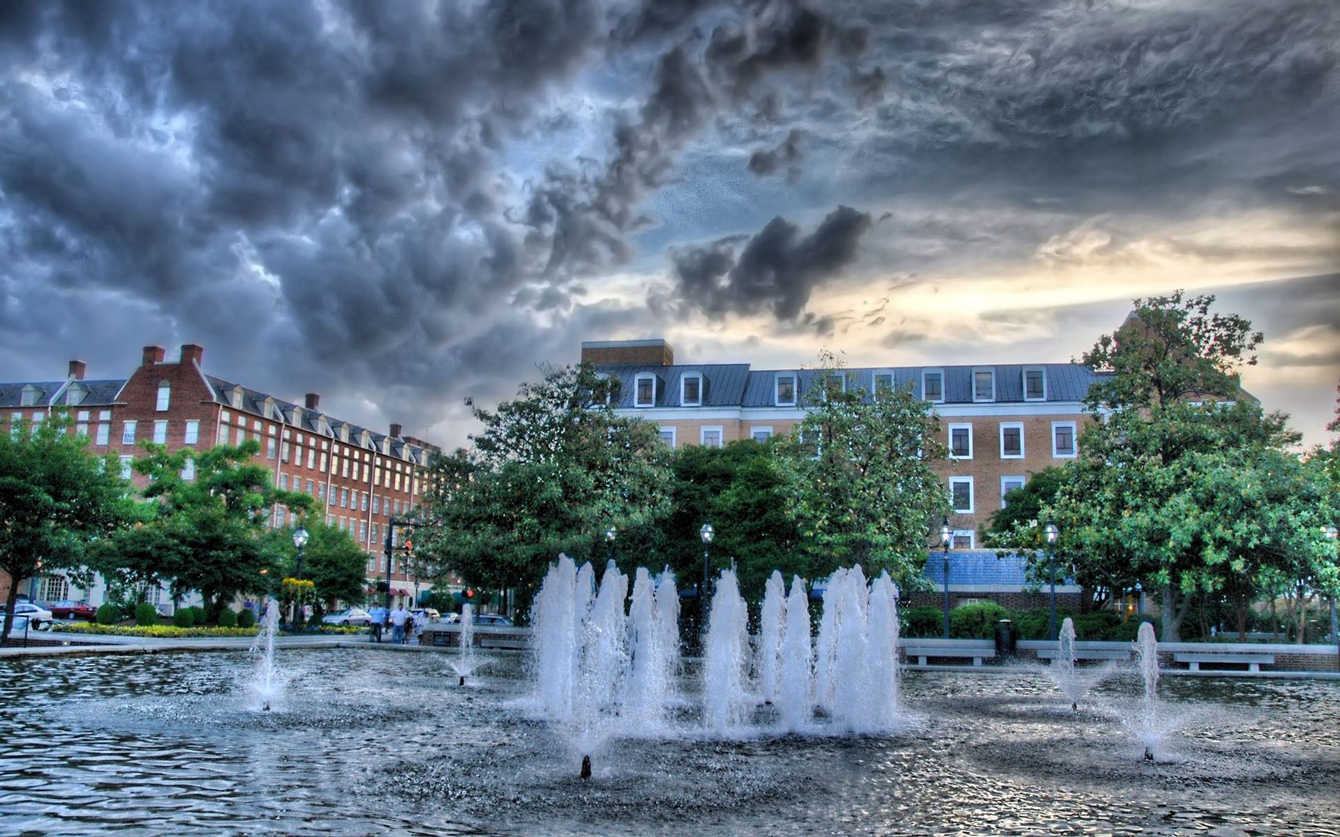 fountain, hdr, cities, water, trees, building
