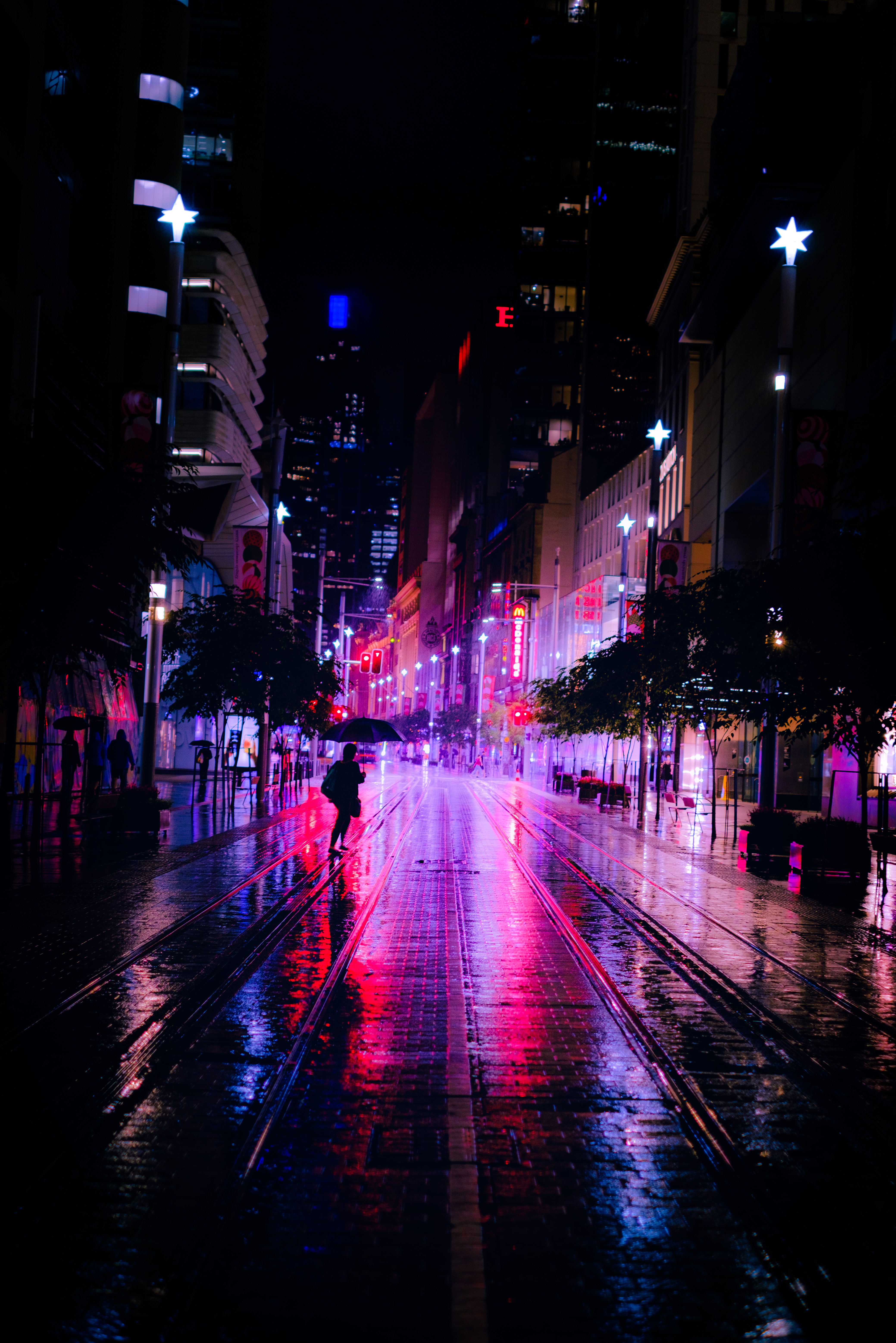 dark, night, neon, street, silhouettes