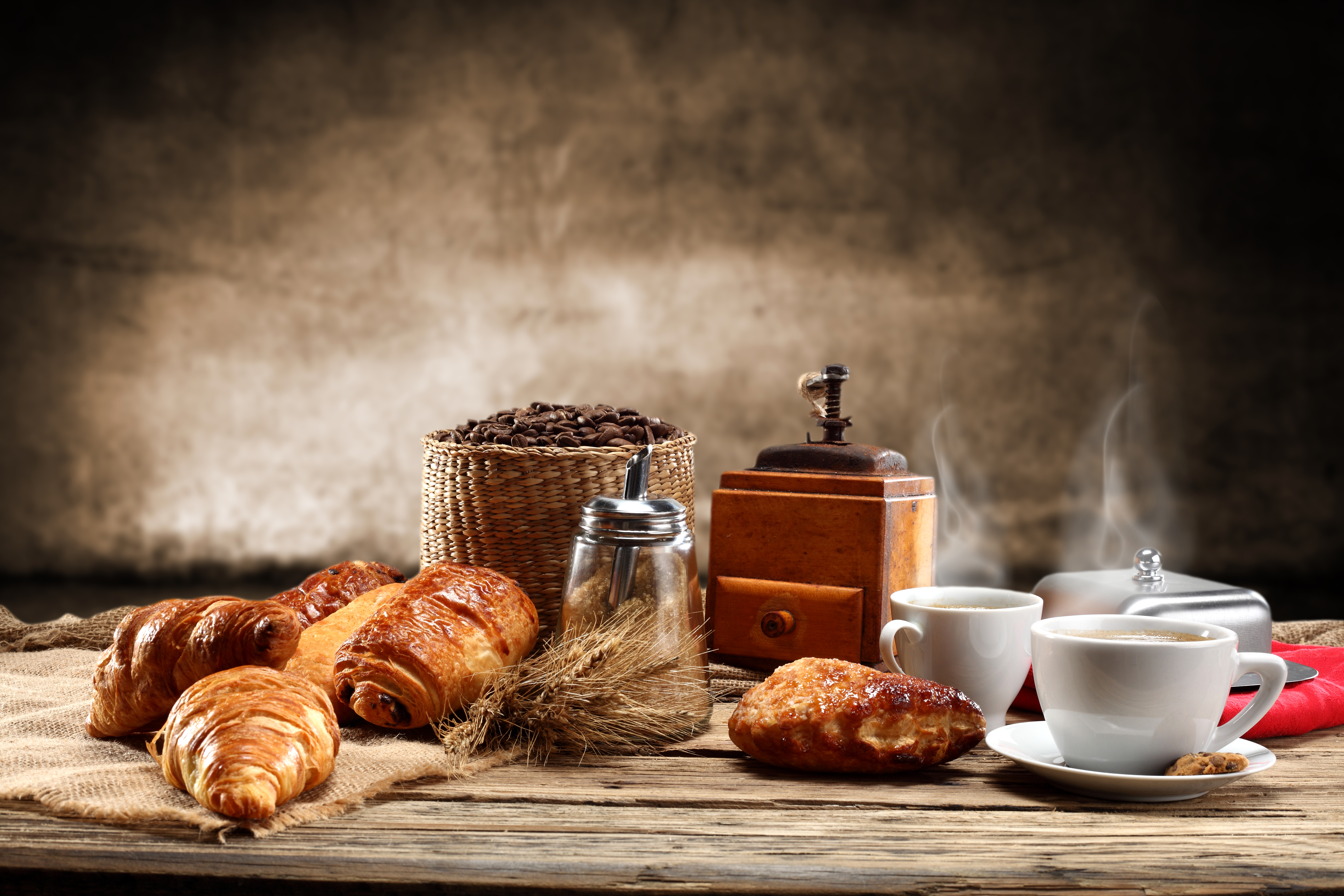 coffee, food, breakfast, croissant, cup, still life QHD
