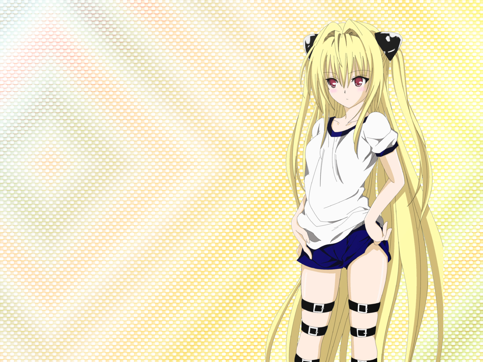 anime, to love ru: darkness, blonde, blush, golden darkness, long hair, red eyes, shirt, shorts, to love ru 32K