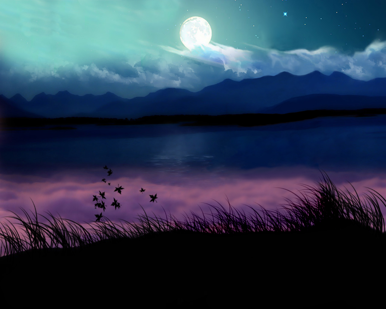 Озеро ночью арт