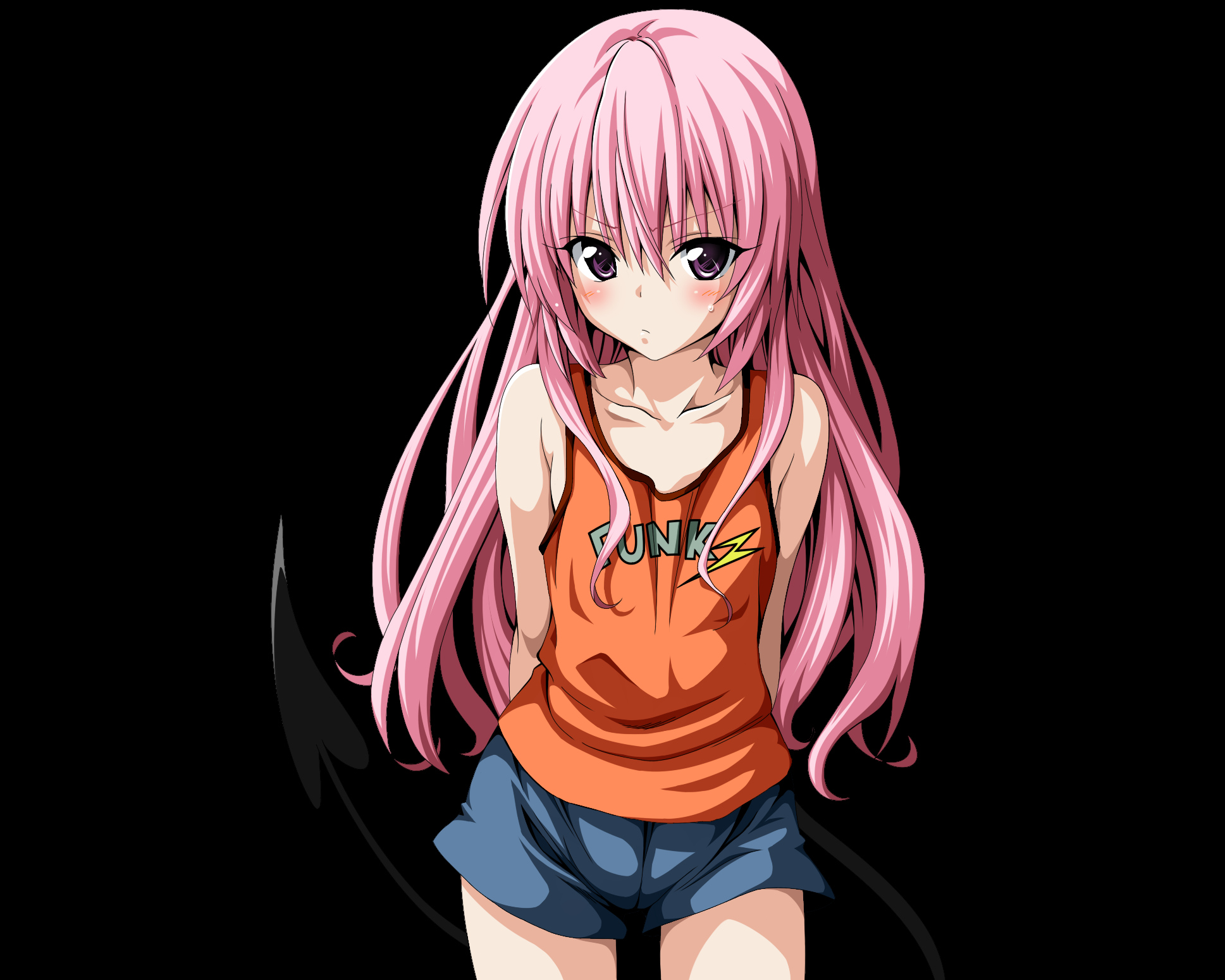 anime, to love ru, long hair, nana astar deviluke, pink hair, purple eyes, shorts, tail Panoramic Wallpaper