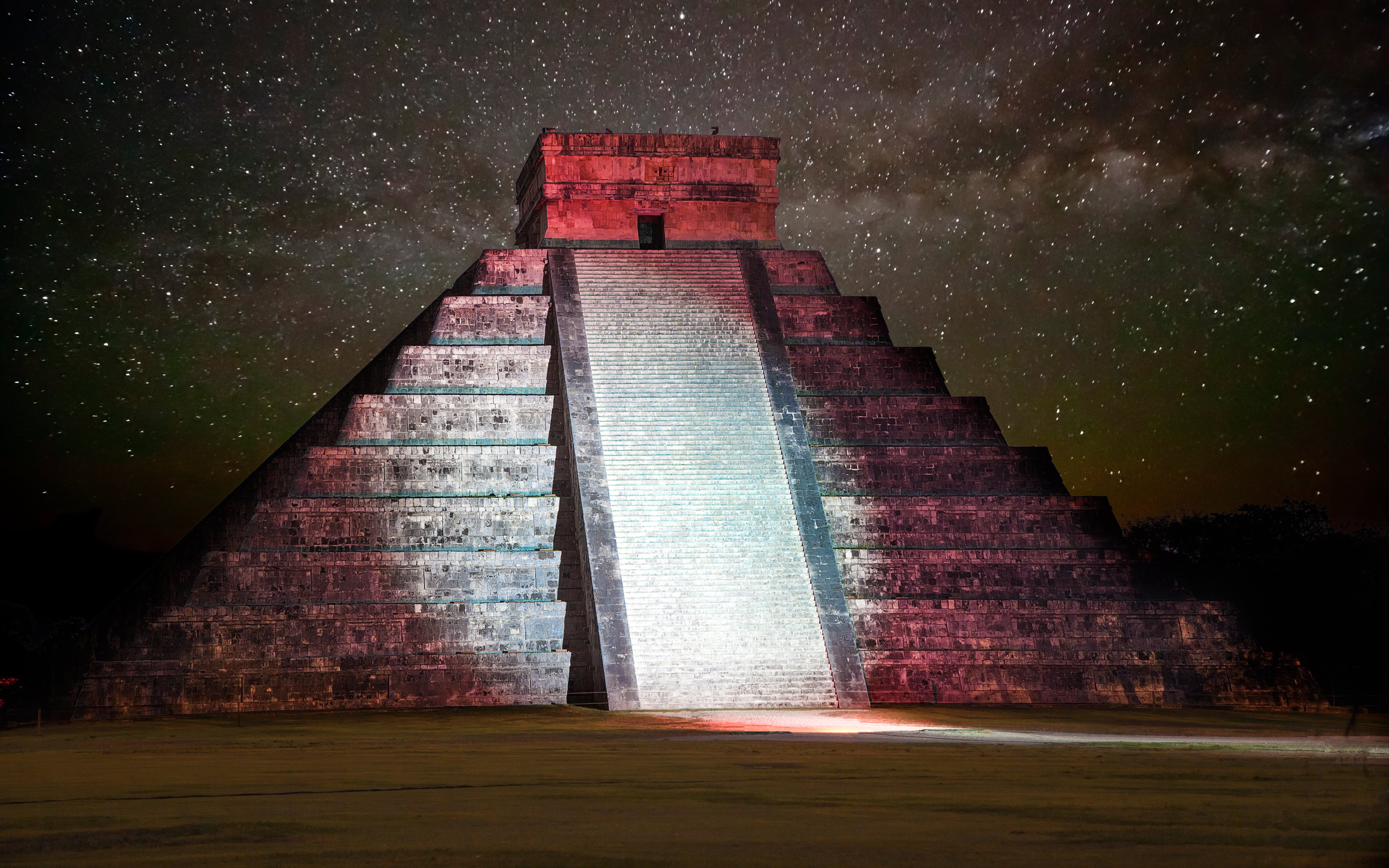 man made, chichen itza, light, mexico, night, pyramid, starry sky