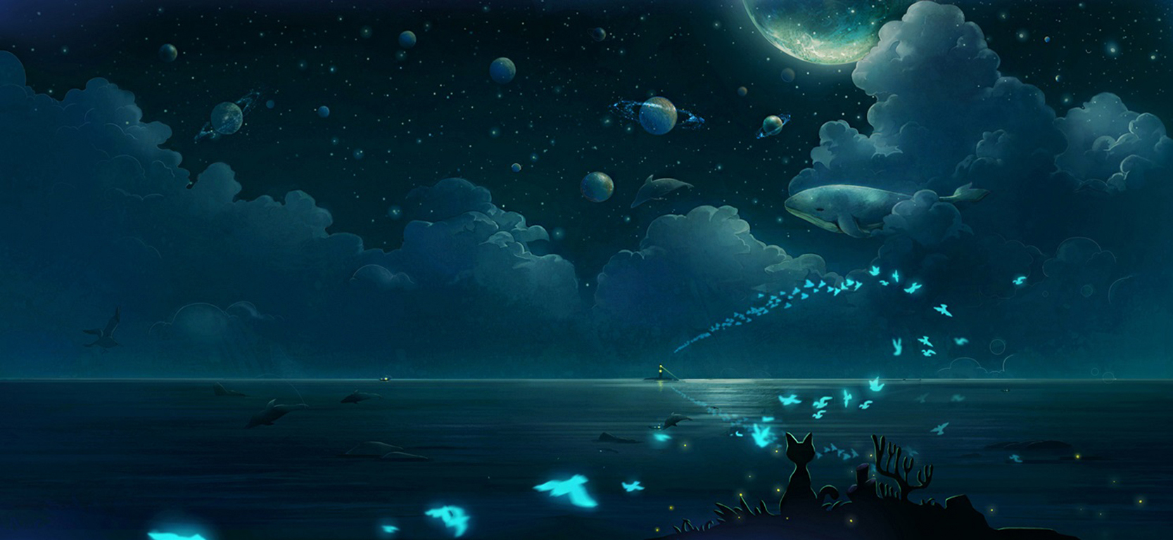 whale, fish, planet, night, moon, anime, bird, cat, cloud, landscape, ocean, sky, star