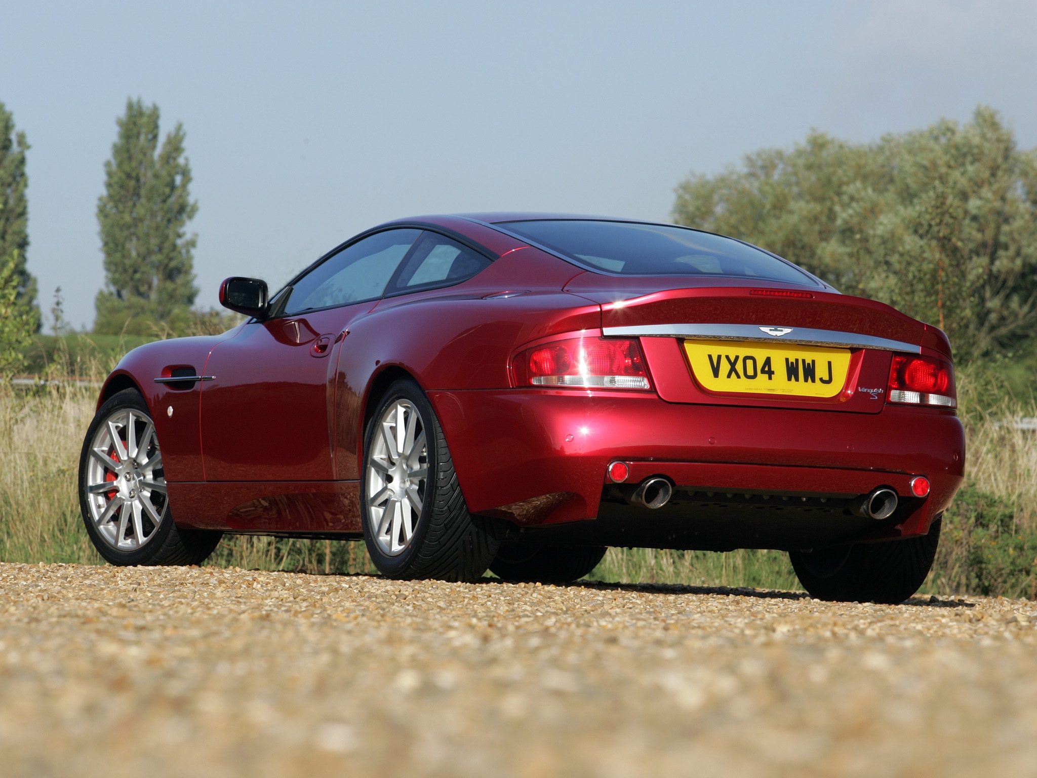 2004, cars, nature, aston martin, red, back view, rear view, style, v12, vanquish