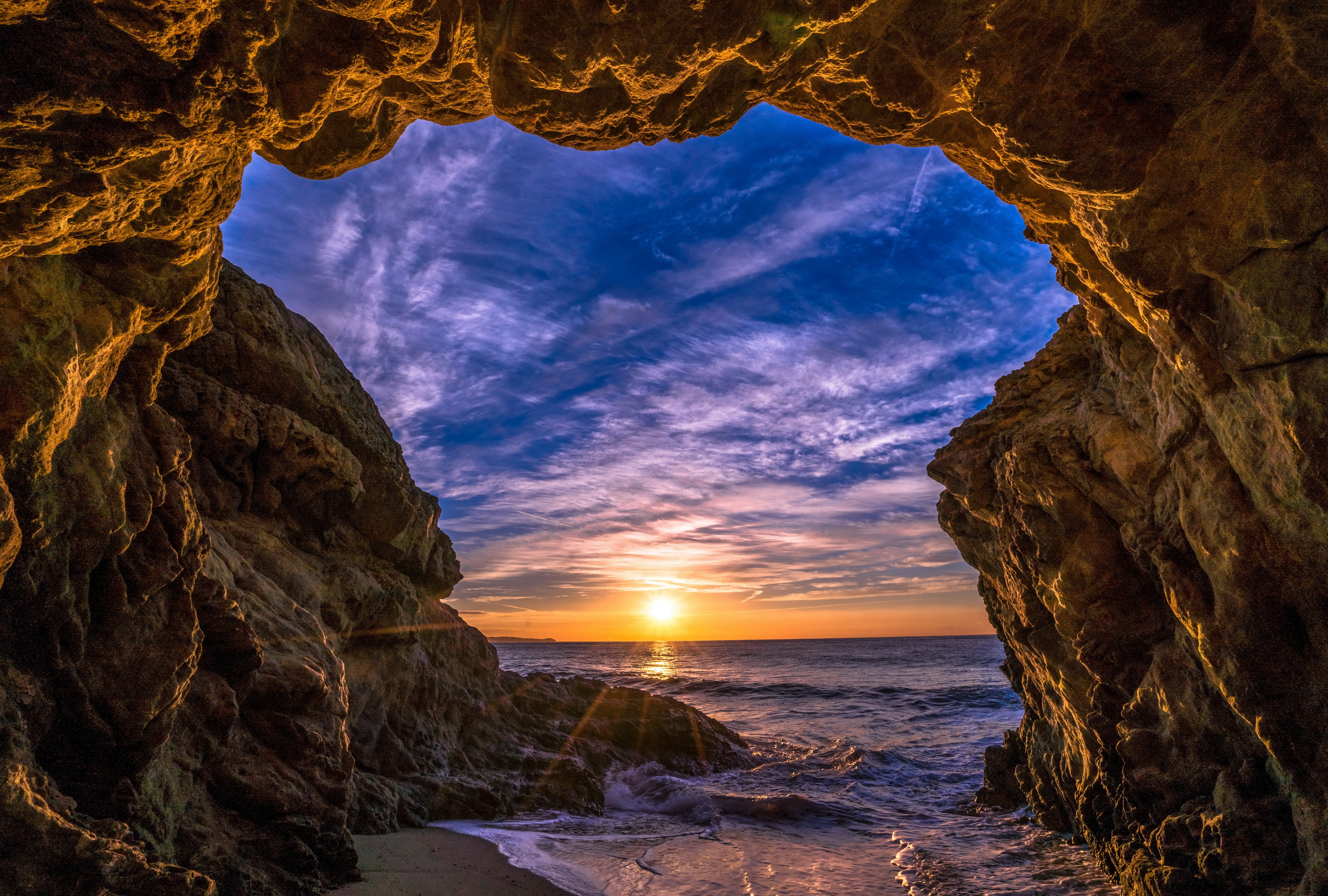 beach, sunset, sun, earth, cave, arch, california, malibu, ocean, caves