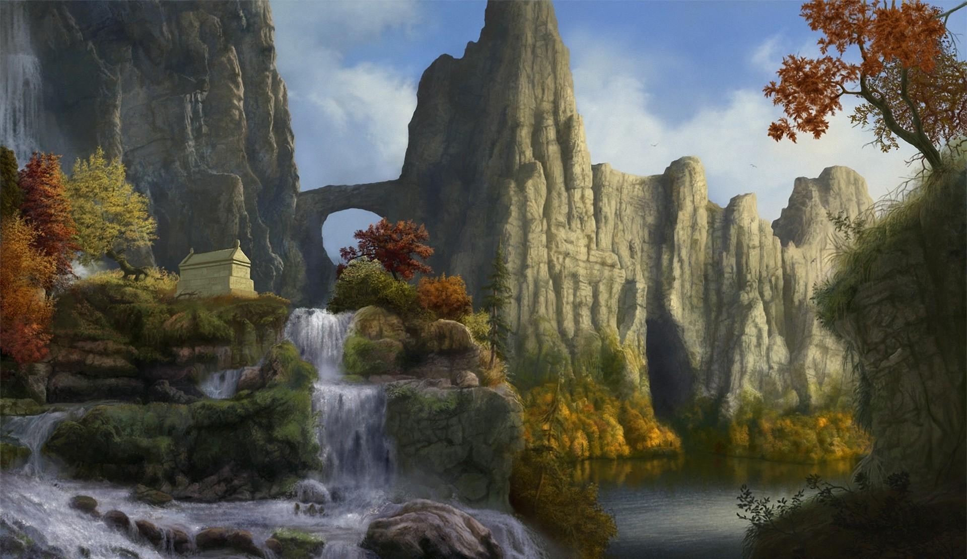 Laden Sie das Fantasie, Felsen, Die Steine, Wasserfall, Bäume, Sky, Natur-Bild kostenlos auf Ihren PC-Desktop herunter