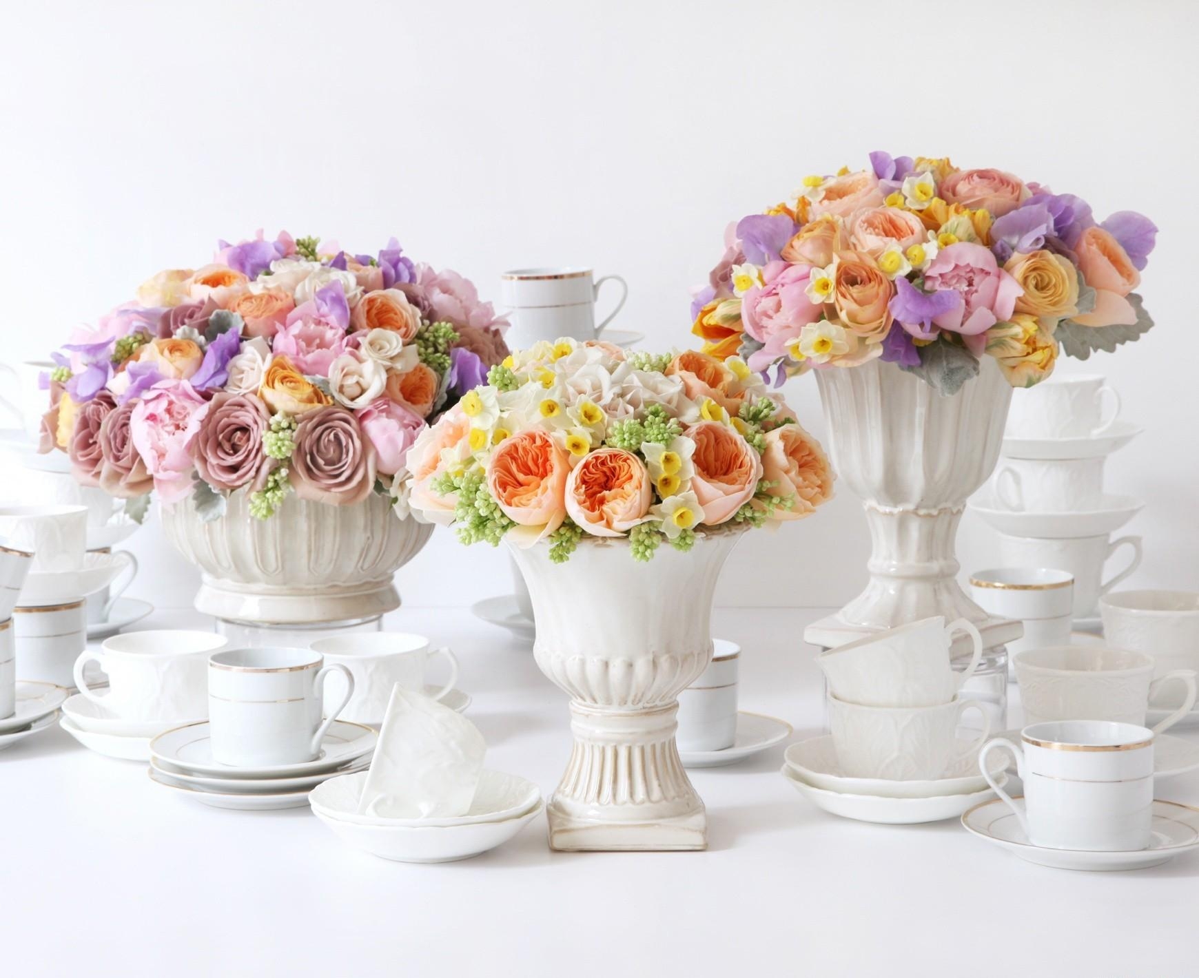 roses, narcissussi, flowers, bouquets, ranunculus, ranunkulus, vases, porcelain 4K Ultra