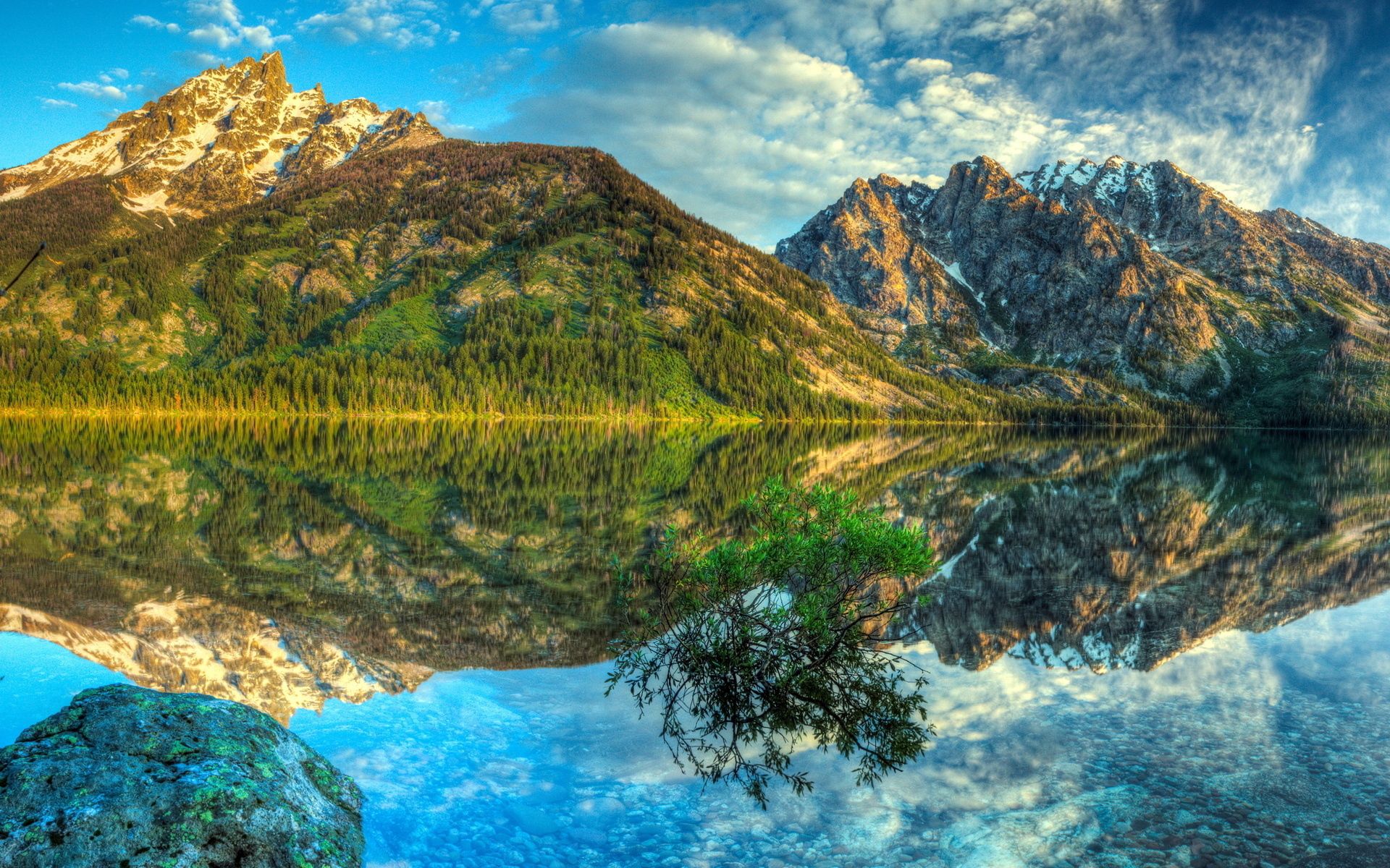 nature, sky, mountains, clouds, bush, lake, reflection, brightly, mirror