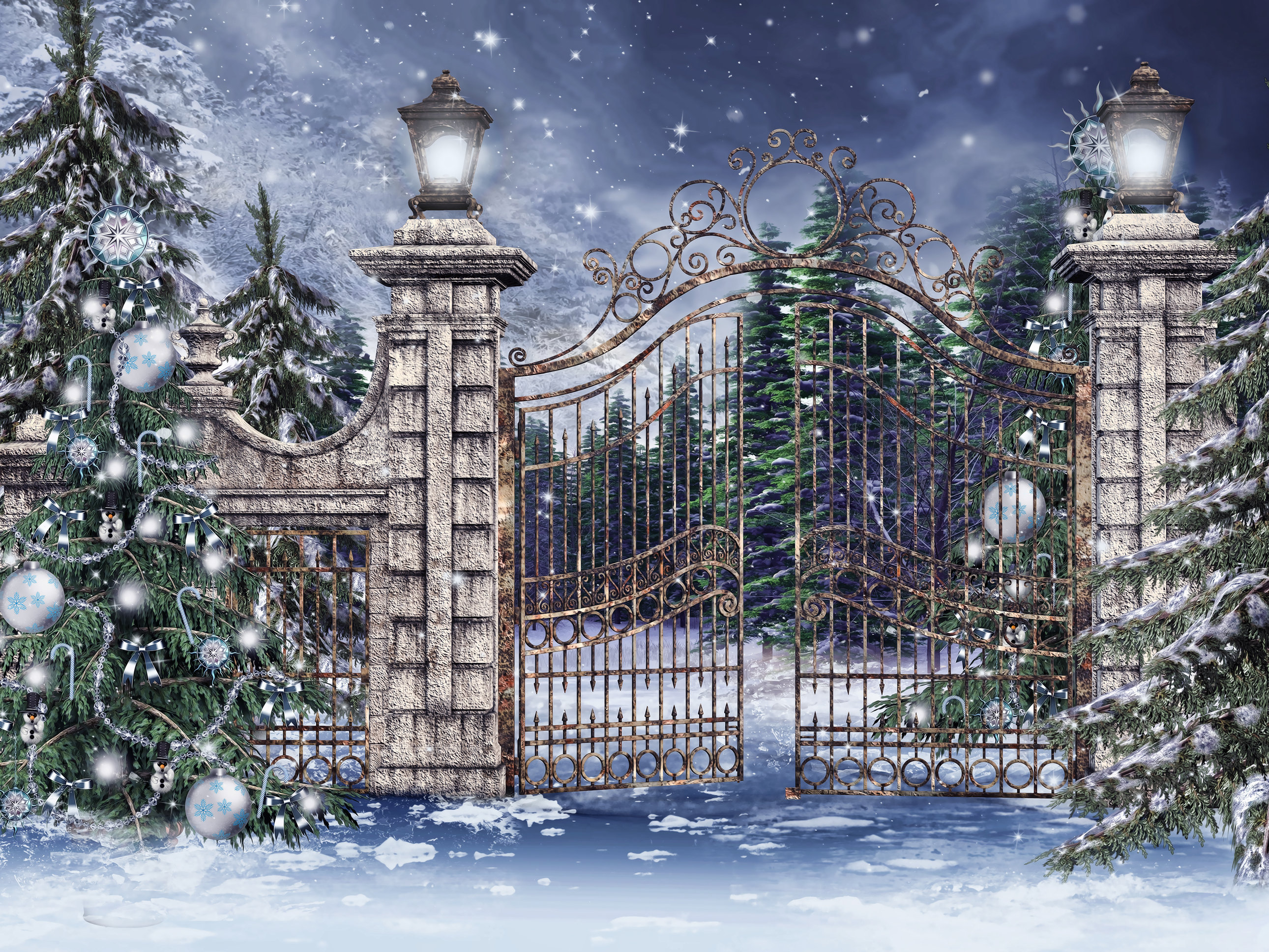 796537 скачать обои ворота, художественные, рождественская елка, рождество, снег, зима - заставки и картинки бесплатно