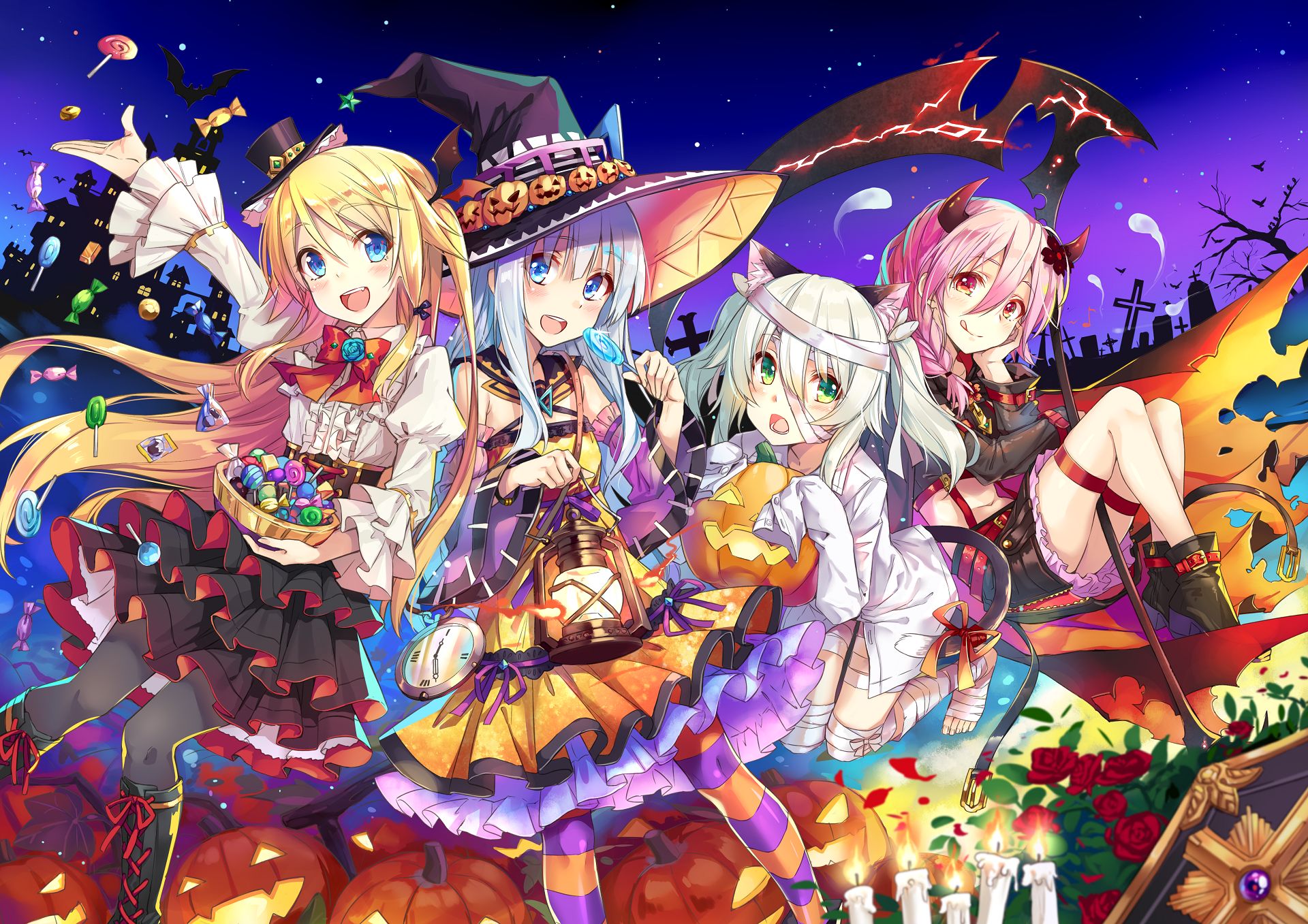 anime, halloween, pumpkin, witch hat iphone wallpaper