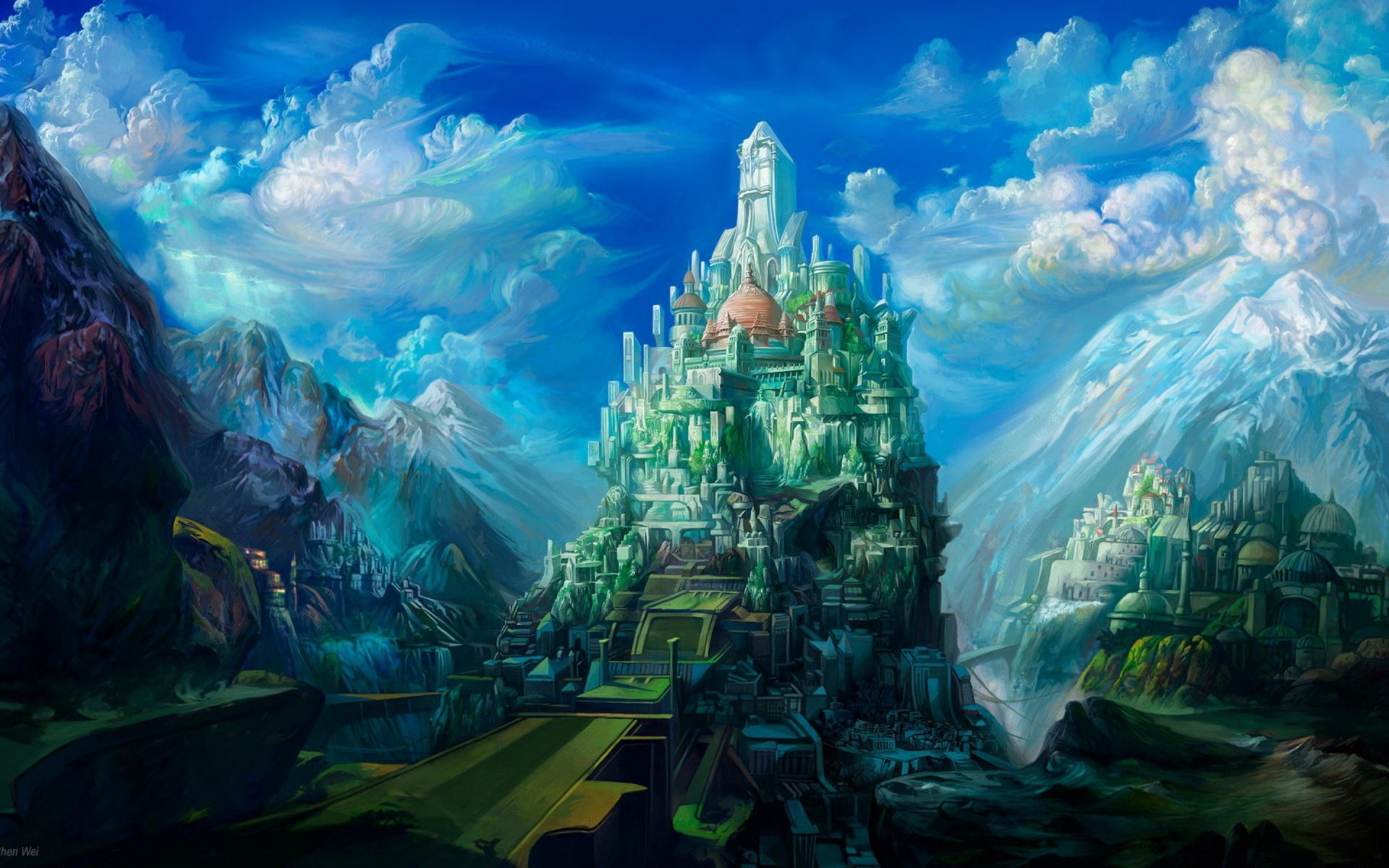 fantasy, city, cloud, mountain, town Aesthetic wallpaper