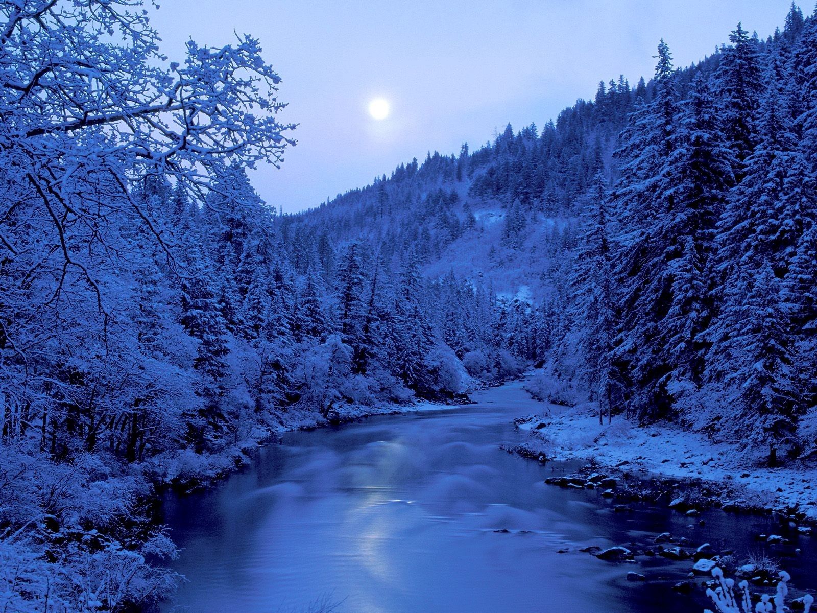 Free download wallpaper Winter, Nature, Rivers, Trees, Shore, Hoarfrost, Frost, Shores, Sky, Moon on your PC desktop