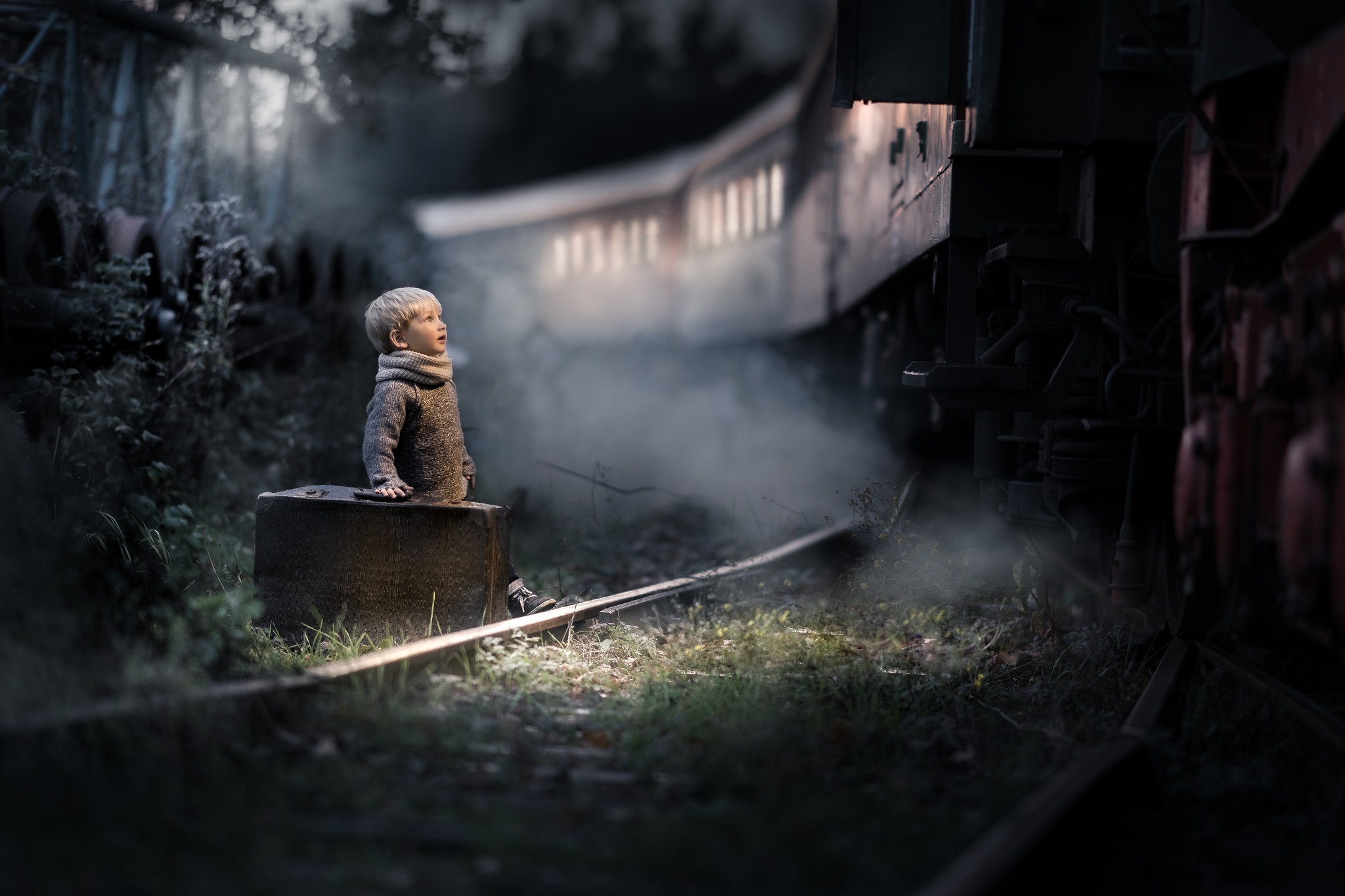 photography, child, little boy, night, suitcase, train