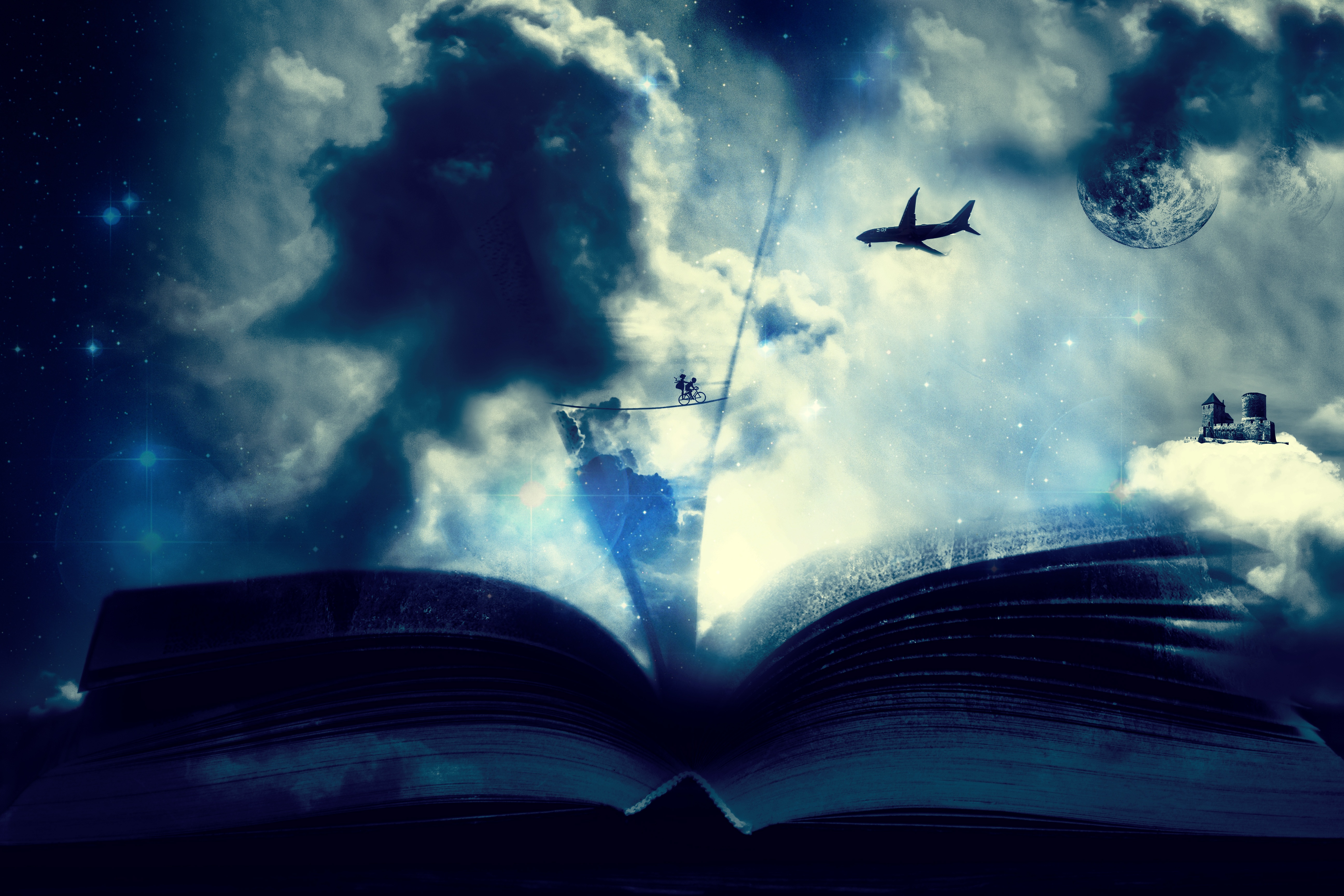 book, plane, fantasy, art, clouds, airplane, bicycle wallpapers for tablet