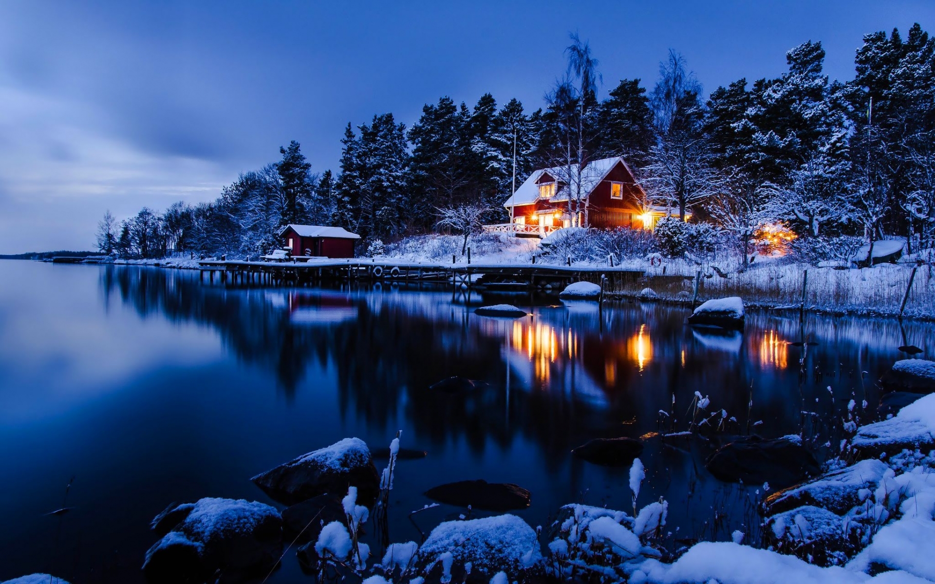 landscape, winter, houses, blue phone wallpaper