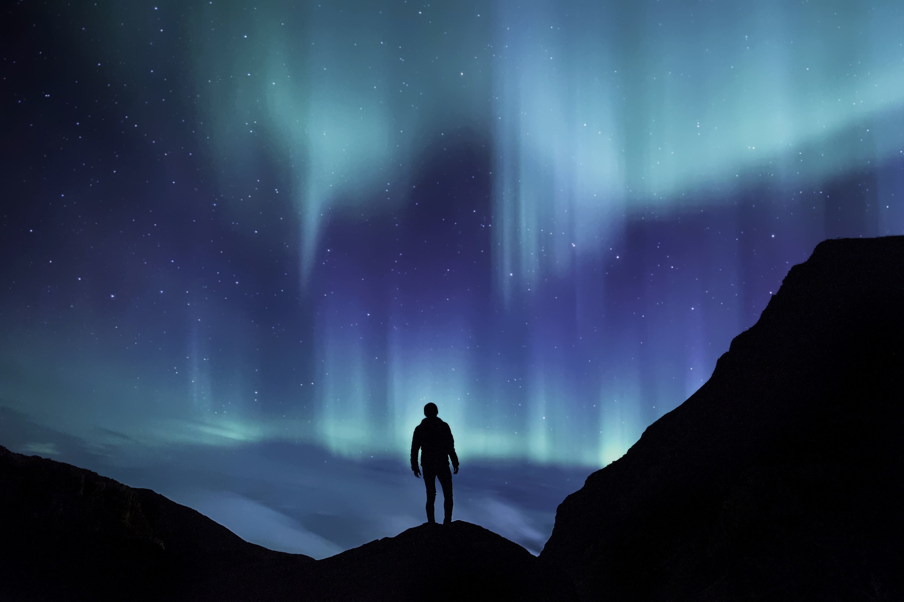 northern lights, mountains, dark, silhouette, starry sky, aurora borealis, phenomenon Full HD