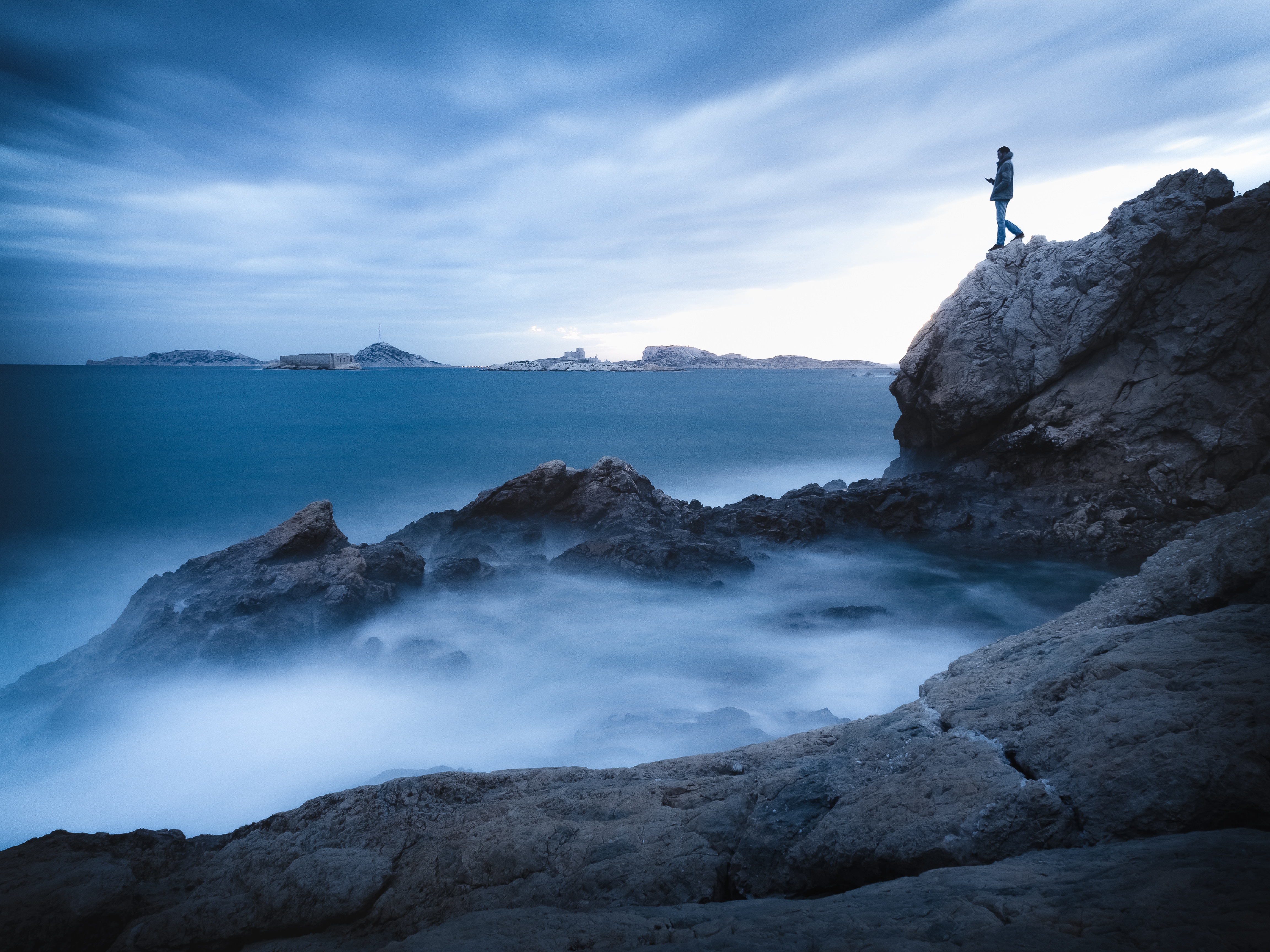 sea, rock, break, loneliness, nature, water, precipice, human, person Free Stock Photo