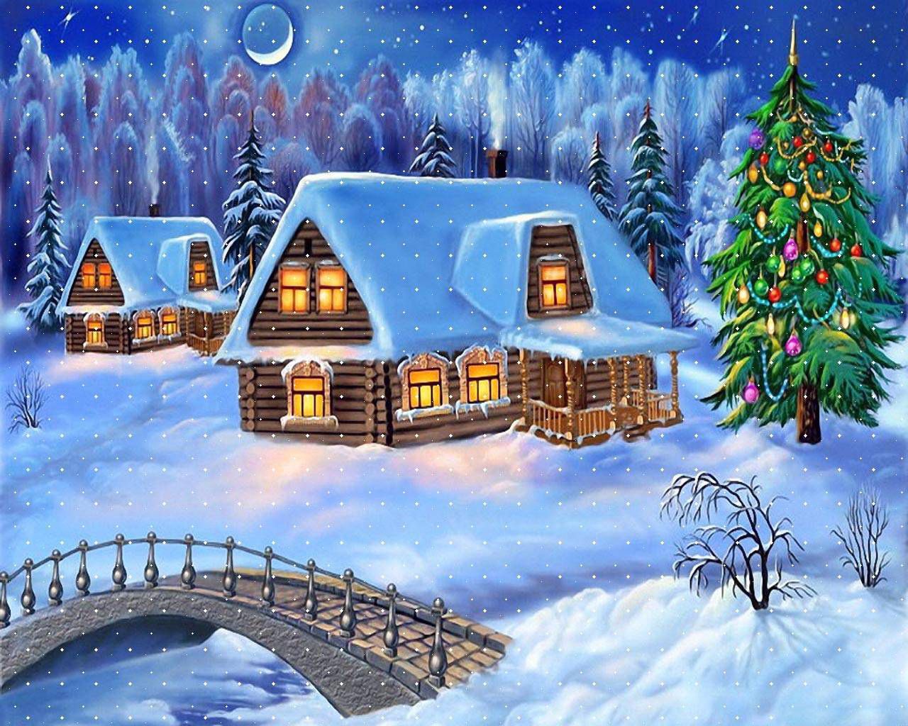 snow, christmas tree, winter, holidays, new year, christmas, house, bridge, postcard Aesthetic wallpaper