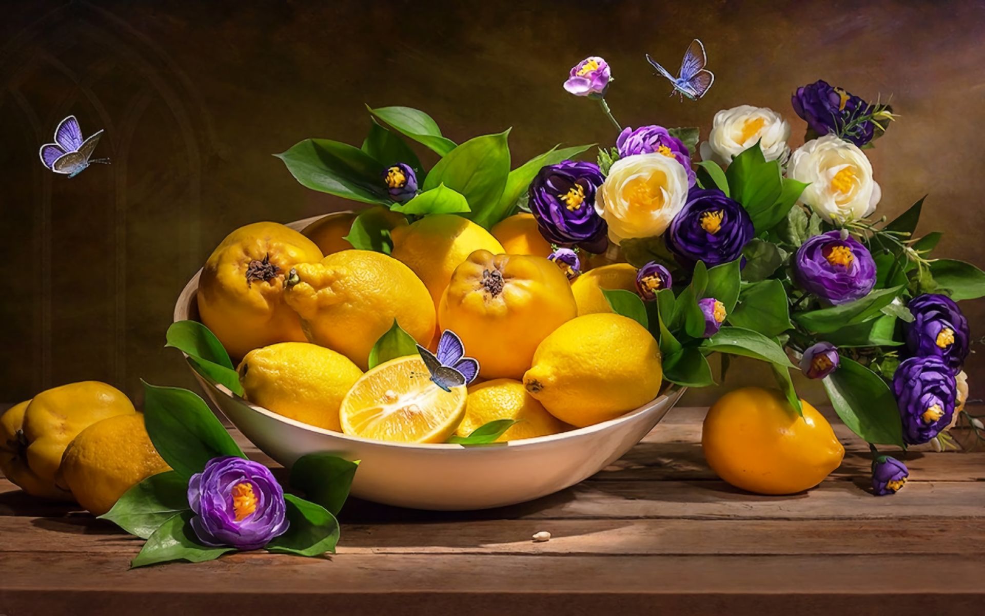 778592 завантажити шпалери лимон, фотографія, натюрморт, чаша, метелик, квітка, фрукти - заставки і картинки безкоштовно