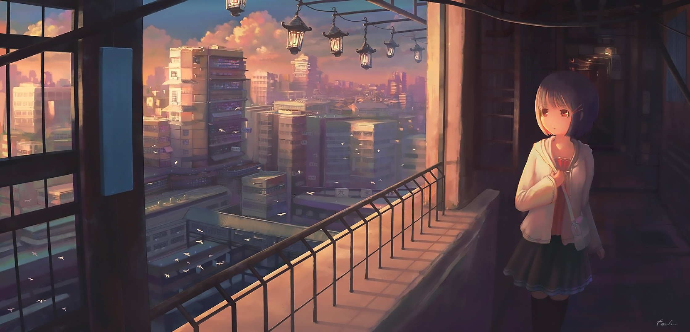 Вид с балкона на город аниме