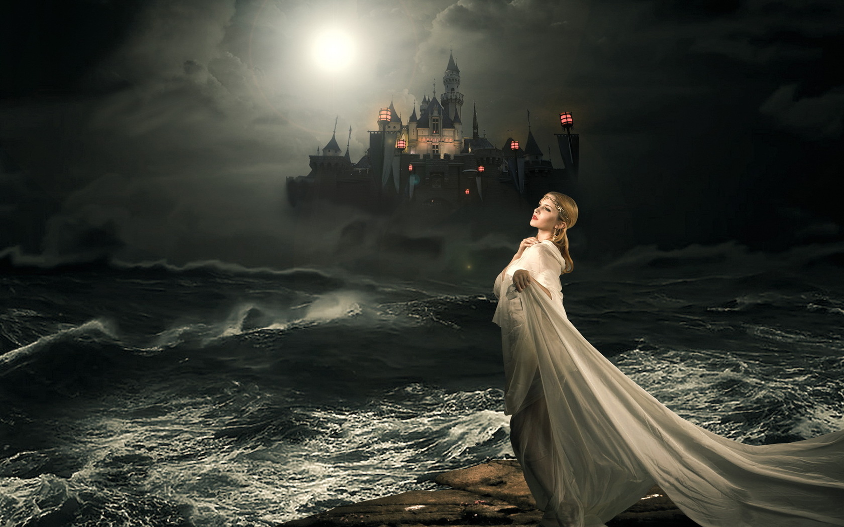 Mobile wallpaper ocean, dark, gothic, castle, fantasy, night, sadness