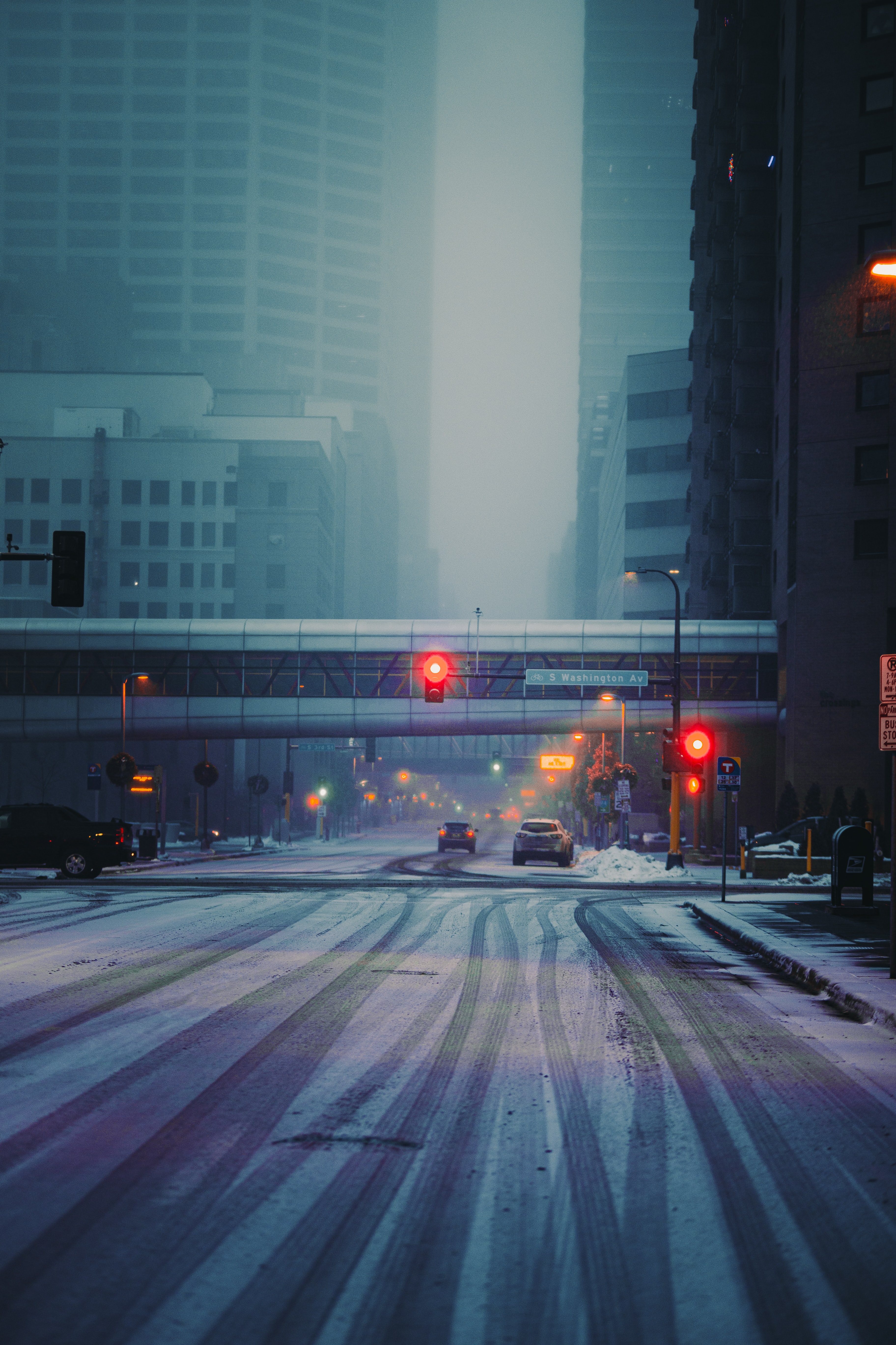 snow, street, cities, cars, city, building Free Stock Photo