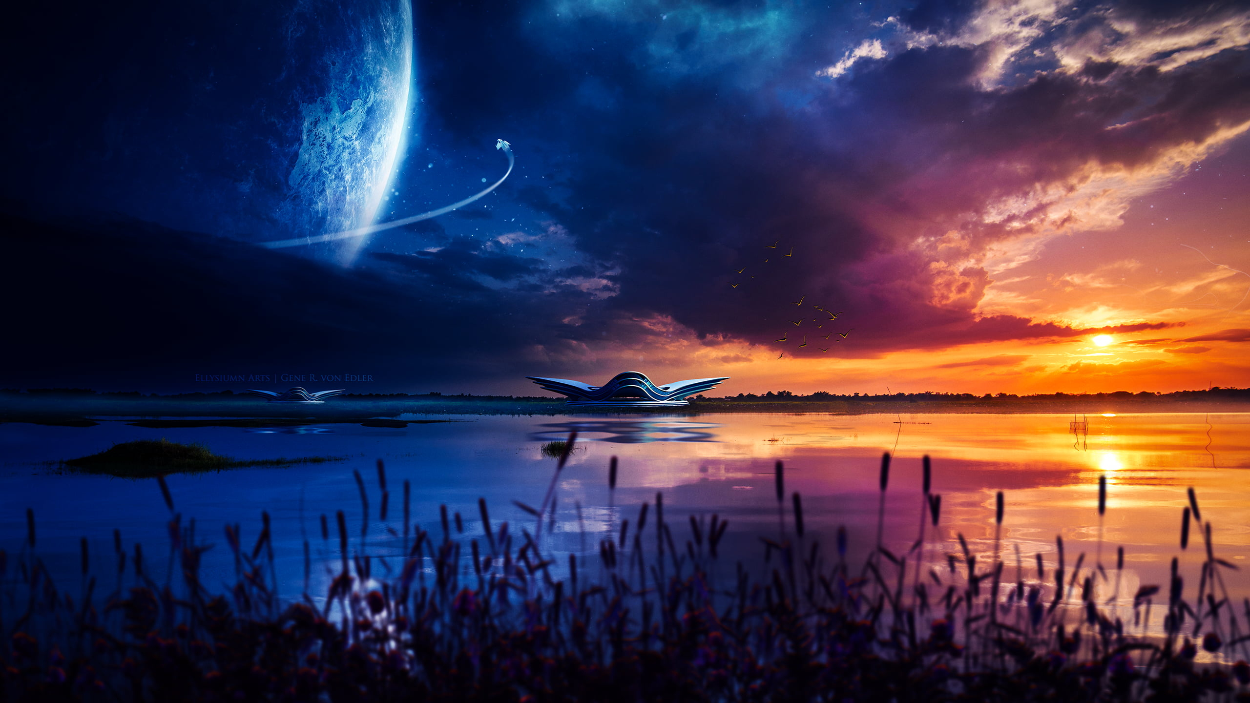 Ночное небо озеро фэнтези арт