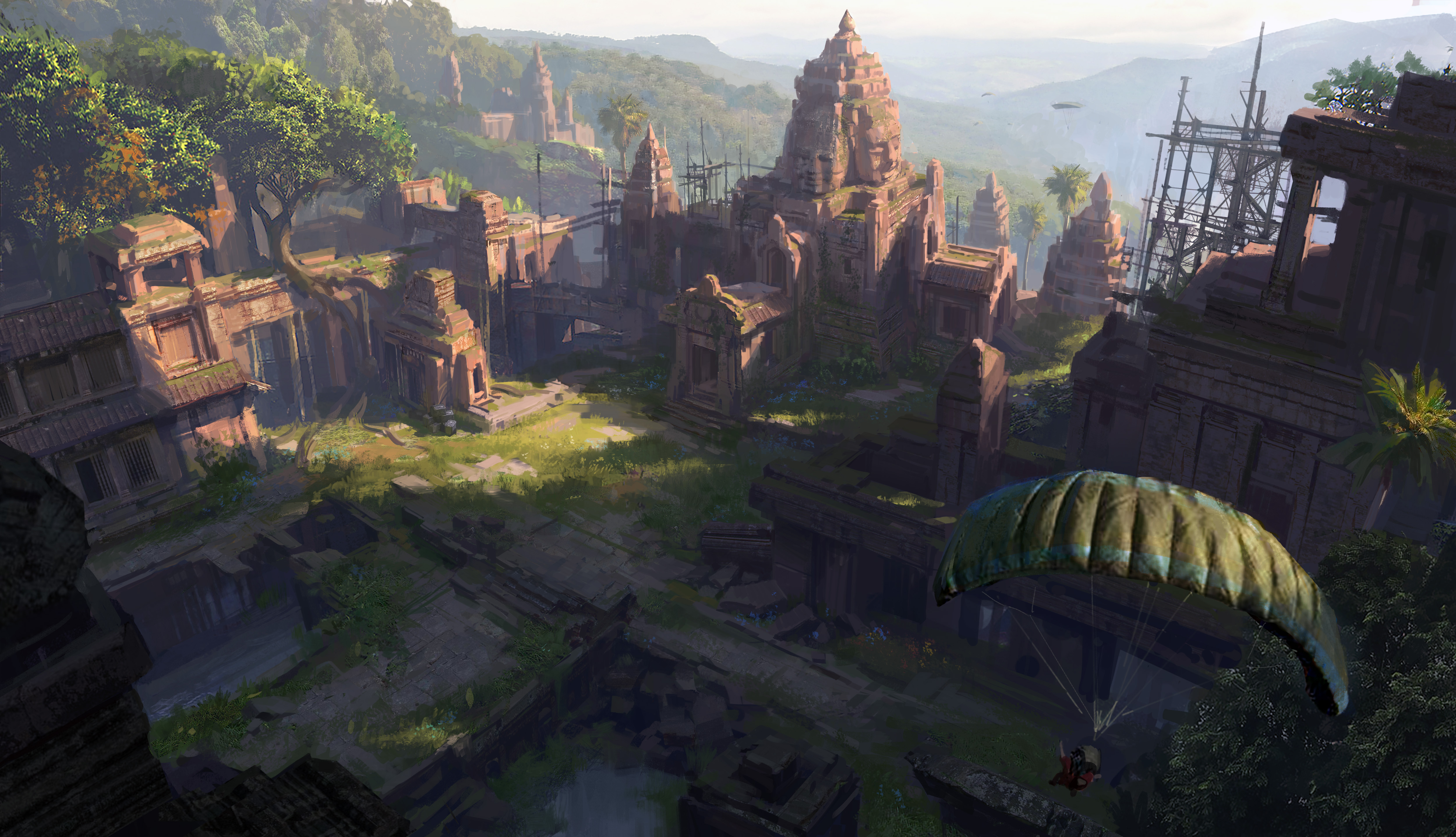 fantasy, ruin, landscape, parachuting, temple