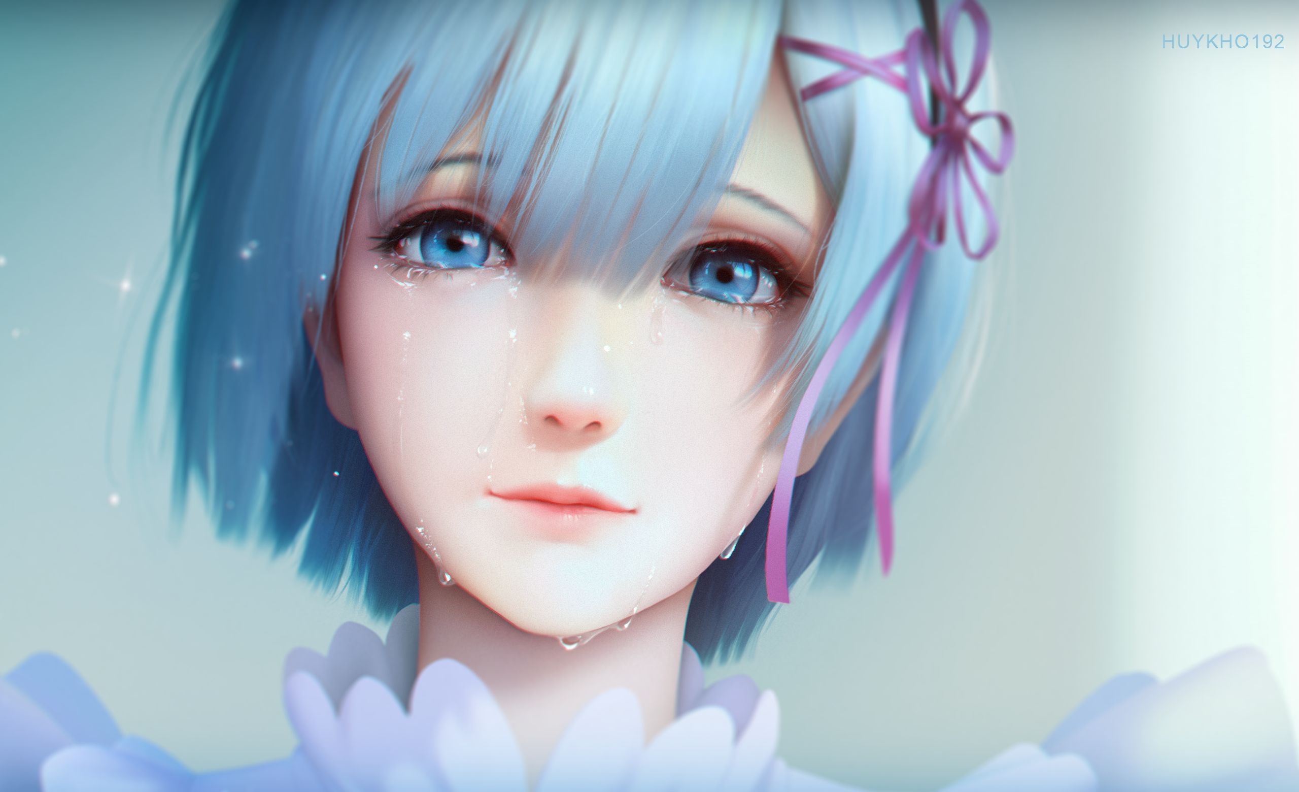 anime, blue hair, face, re:zero starting life in another world, blue eyes, rem (re:zero), short hair, tears