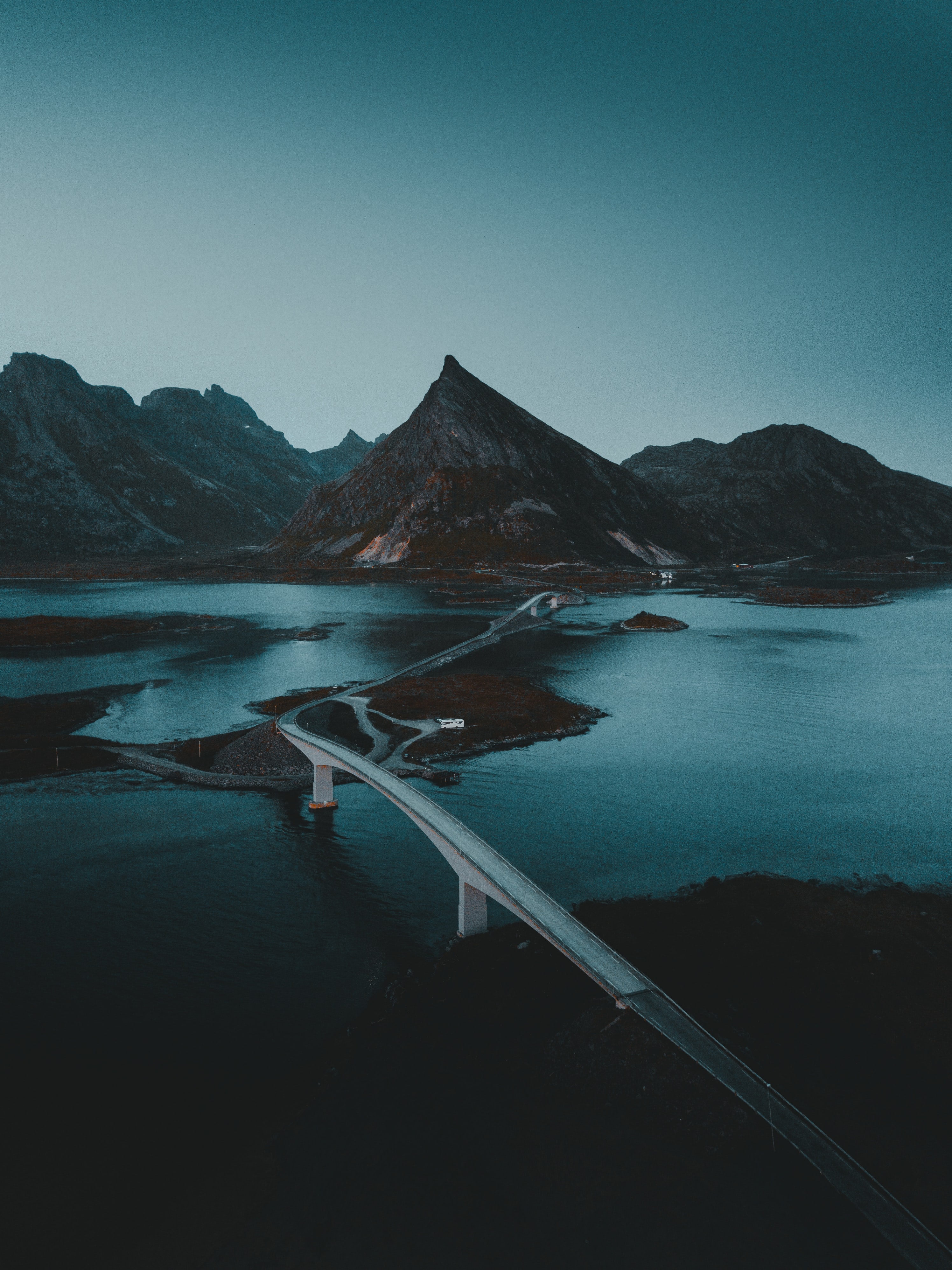 road, nature, water, mountains, bridge, darkness