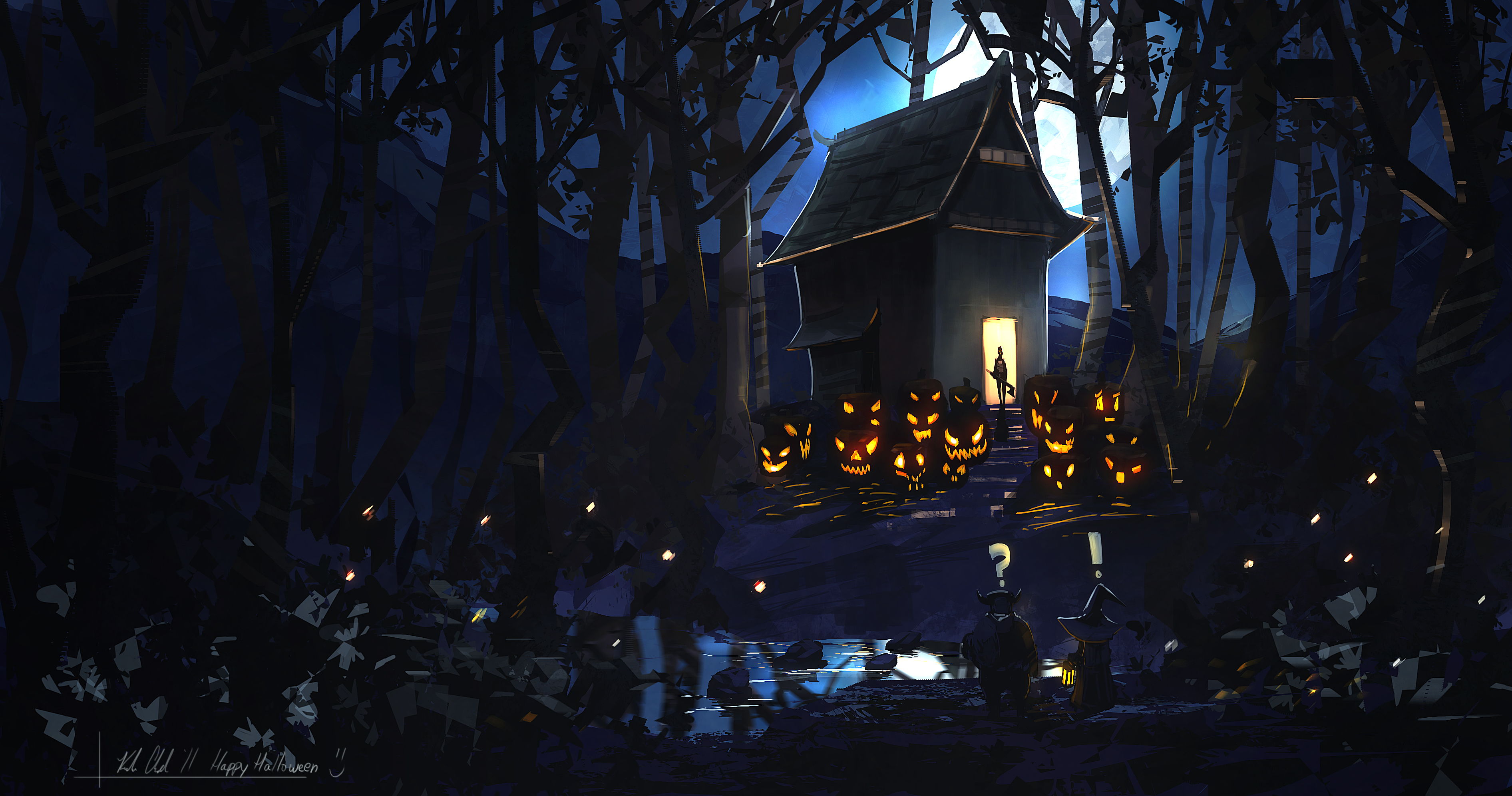 holiday, halloween, forest, house, jack o' lantern, night, tree download HD wallpaper